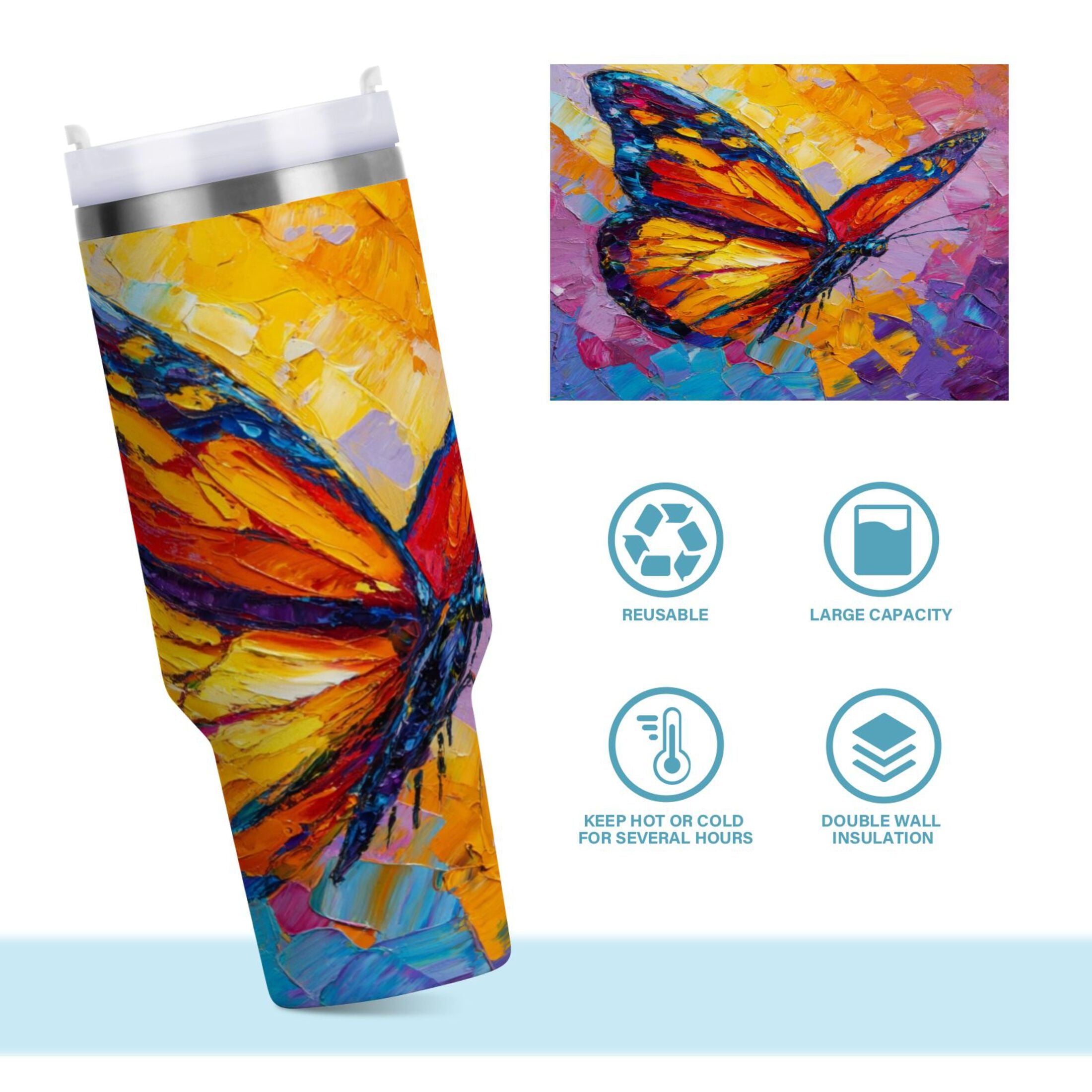30 oz Insulated Stainless Steel Tumbler Double Wall Stainless Steel Tumbler with 2-Way Drinking Colorful Butterfly Flying C473M
