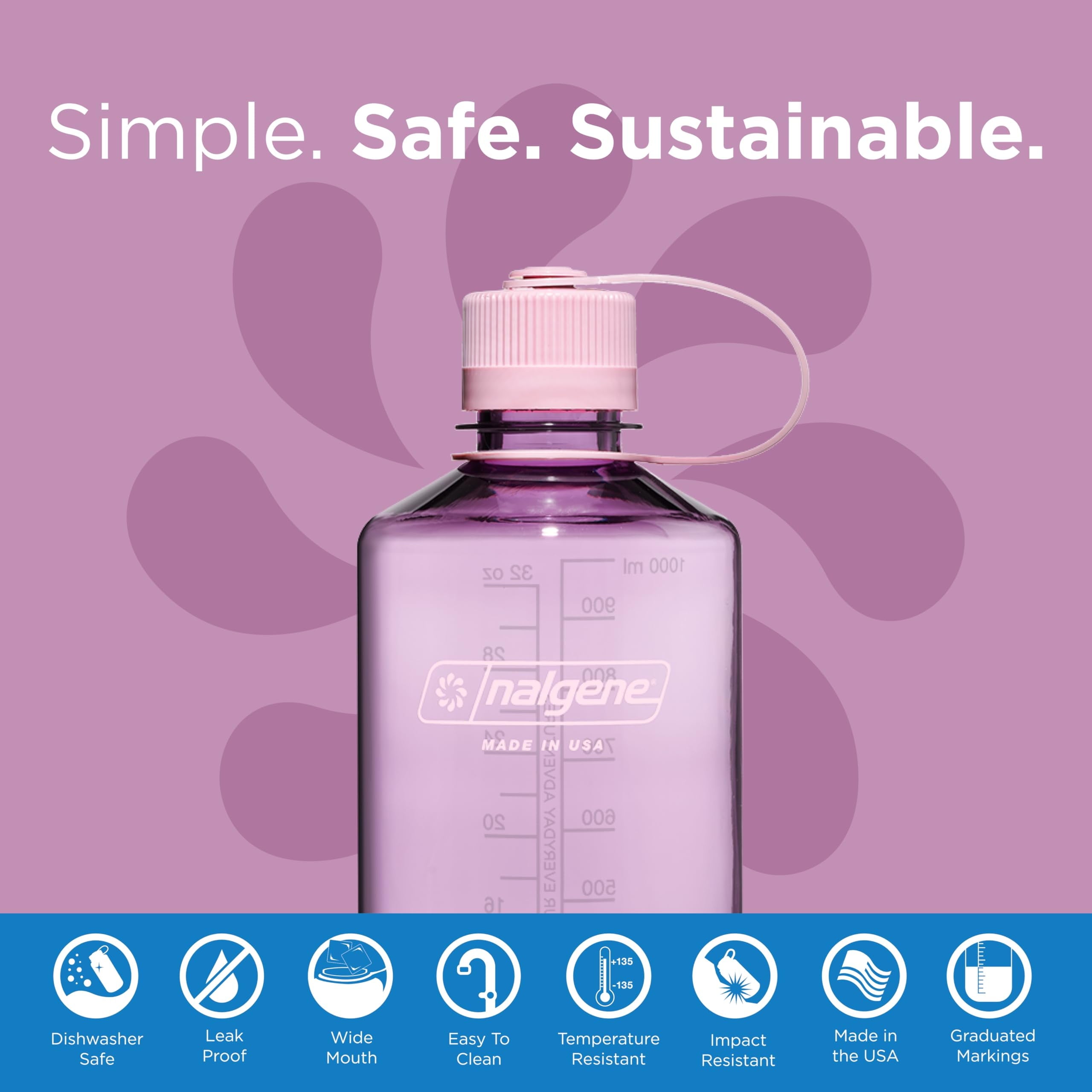 Nalgene Sustain Tritan BPA-Free Water Bottle Made with Material Derived from 50% Plastic Waste (using ISCC certified mass balance), 32 OZ, Narrow Mouth, Cherry Blossom C152H
