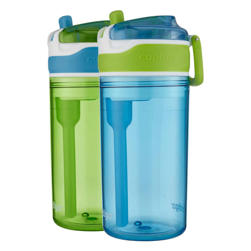 Contigo Kids 2-in-1 Snack Hero Tumbler Featuring 4oz Snack Holder Stacked on Top of 13oz Water Bottle - BPA Free, Durable Tritan w/Flexible Carry Handle &amp; Spill-Proof Valve, Green &amp; Blue – 2 Pack C075K