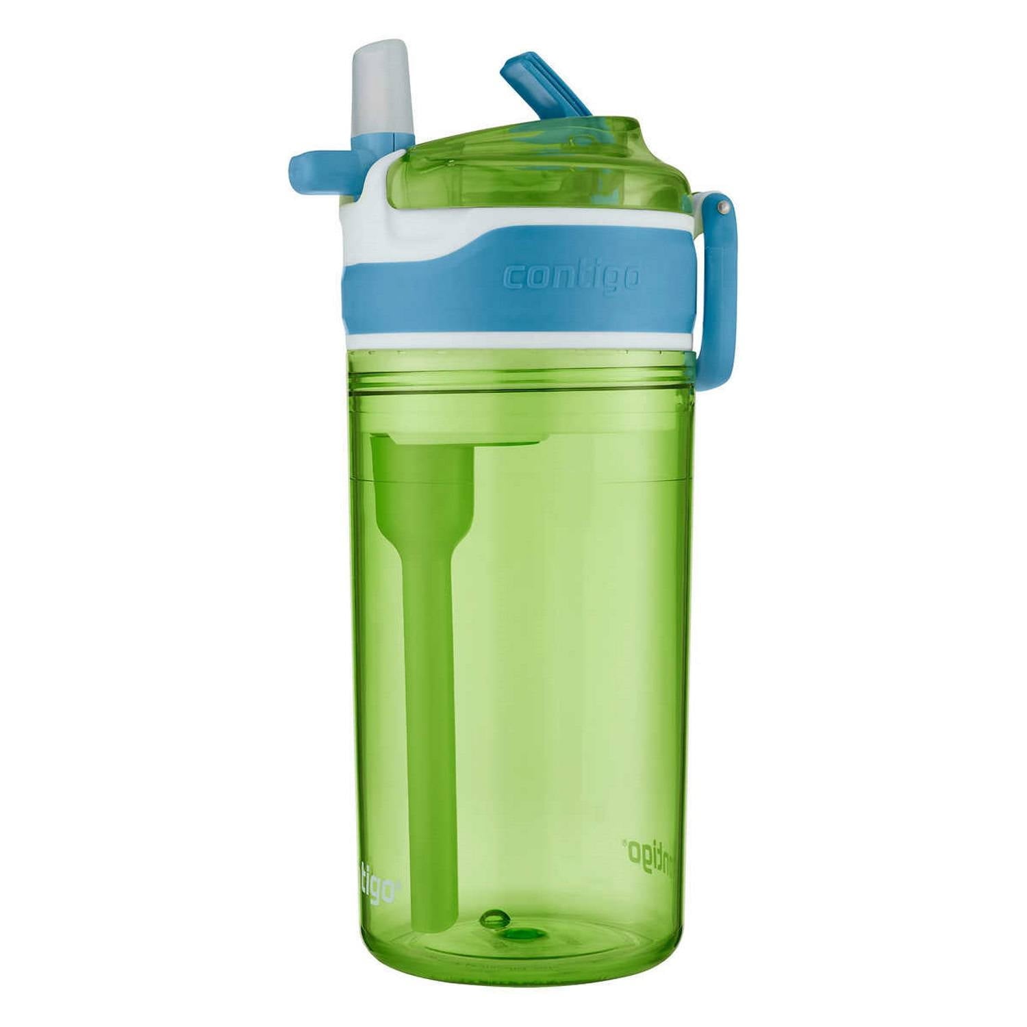 Contigo Kids 2-in-1 Snack Hero Tumbler Featuring 4oz Snack Holder Stacked on Top of 13oz Water Bottle - BPA Free, Durable Tritan w/Flexible Carry Handle &amp; Spill-Proof Valve, Green &amp; Blue – 2 Pack C075K