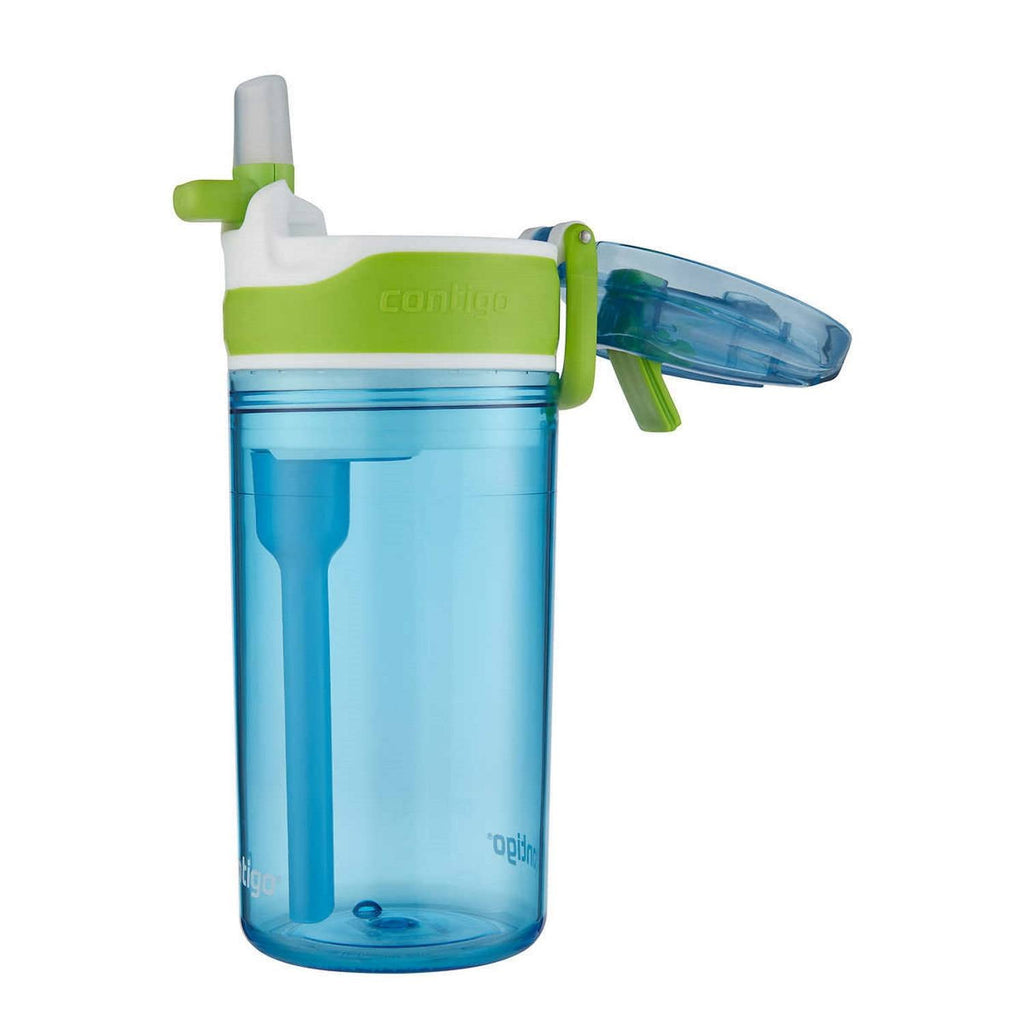 Contigo Kids 2-in-1 Snack Hero Tumbler Featuring 4oz Snack Holder Stacked on Top of 13oz Water Bottle - BPA Free, Durable Tritan w/Flexible Carry Handle &amp; Spill-Proof Valve, Green &amp; Blue – 2 Pack C075K