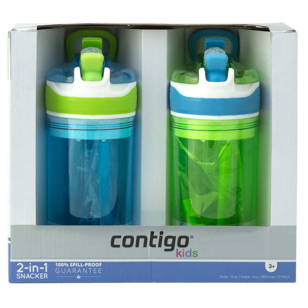 Contigo Kids 2-in-1 Snack Hero Tumbler Featuring 4oz Snack Holder Stacked on Top of 13oz Water Bottle - BPA Free, Durable Tritan w/Flexible Carry Handle &amp; Spill-Proof Valve, Green &amp; Blue – 2 Pack C075K