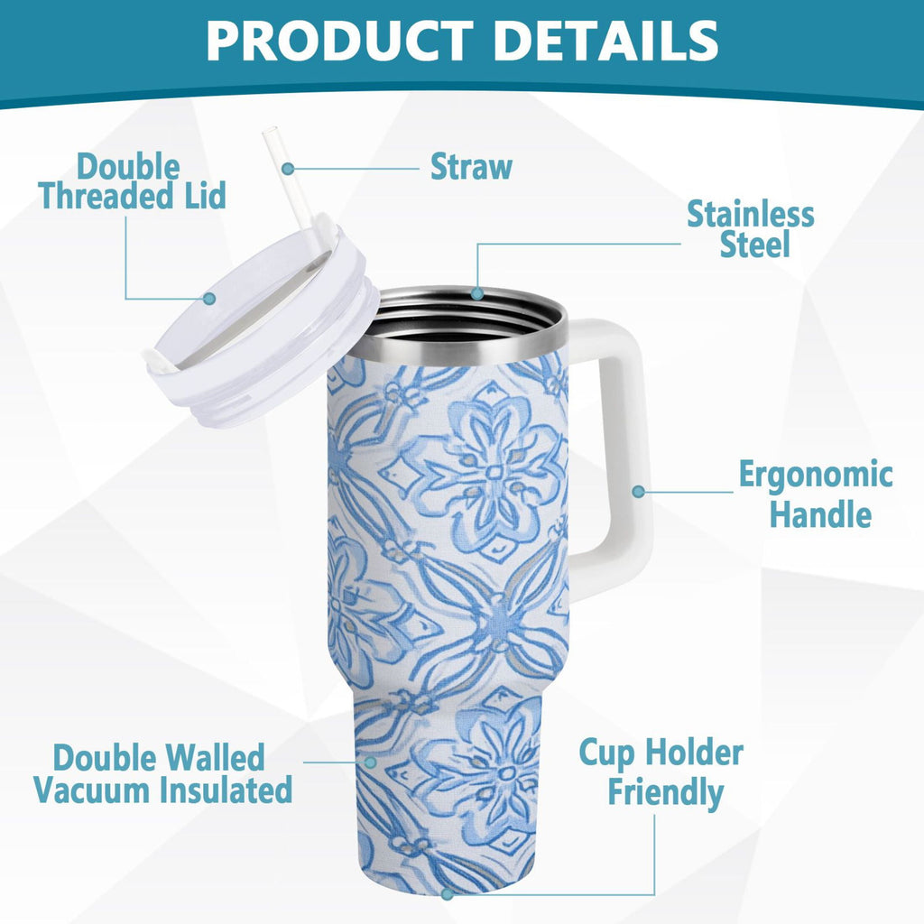 30 oz Insulated Stainless Steel Tumbler Double Wall Stainless Steel Tumbler with 2-Way Drinking Blue Elegant Geometric Design C623R