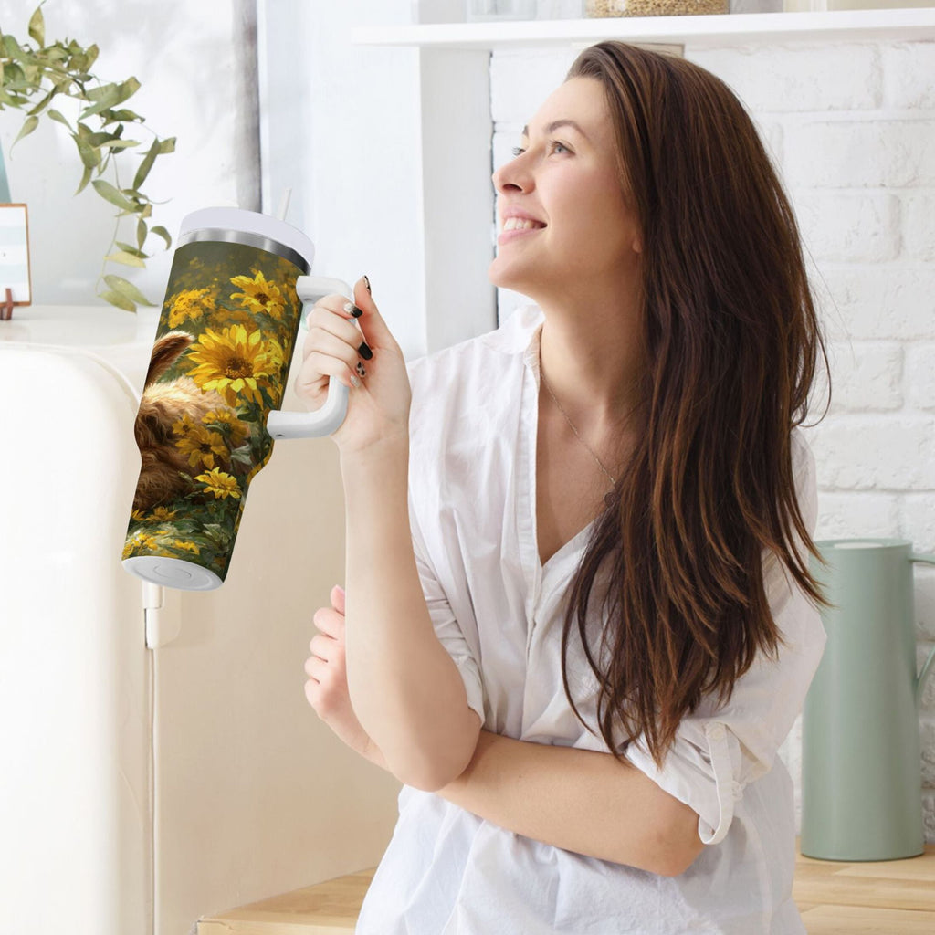 40 oz Insulated Stainless Steel Tumbler Double Wall Stainless Steel Tumbler with 2-Way Drinking Cow Lying in Sunflowers C665S