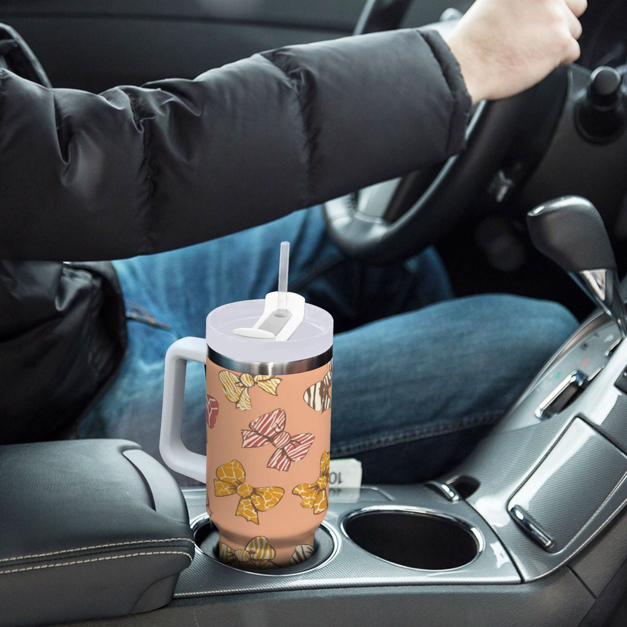 40 oz Insulated Stainless Steel Tumbler Double Wall Stainless Steel Tumbler with 2-Way Drinking Cute Animal Print Bows C678W