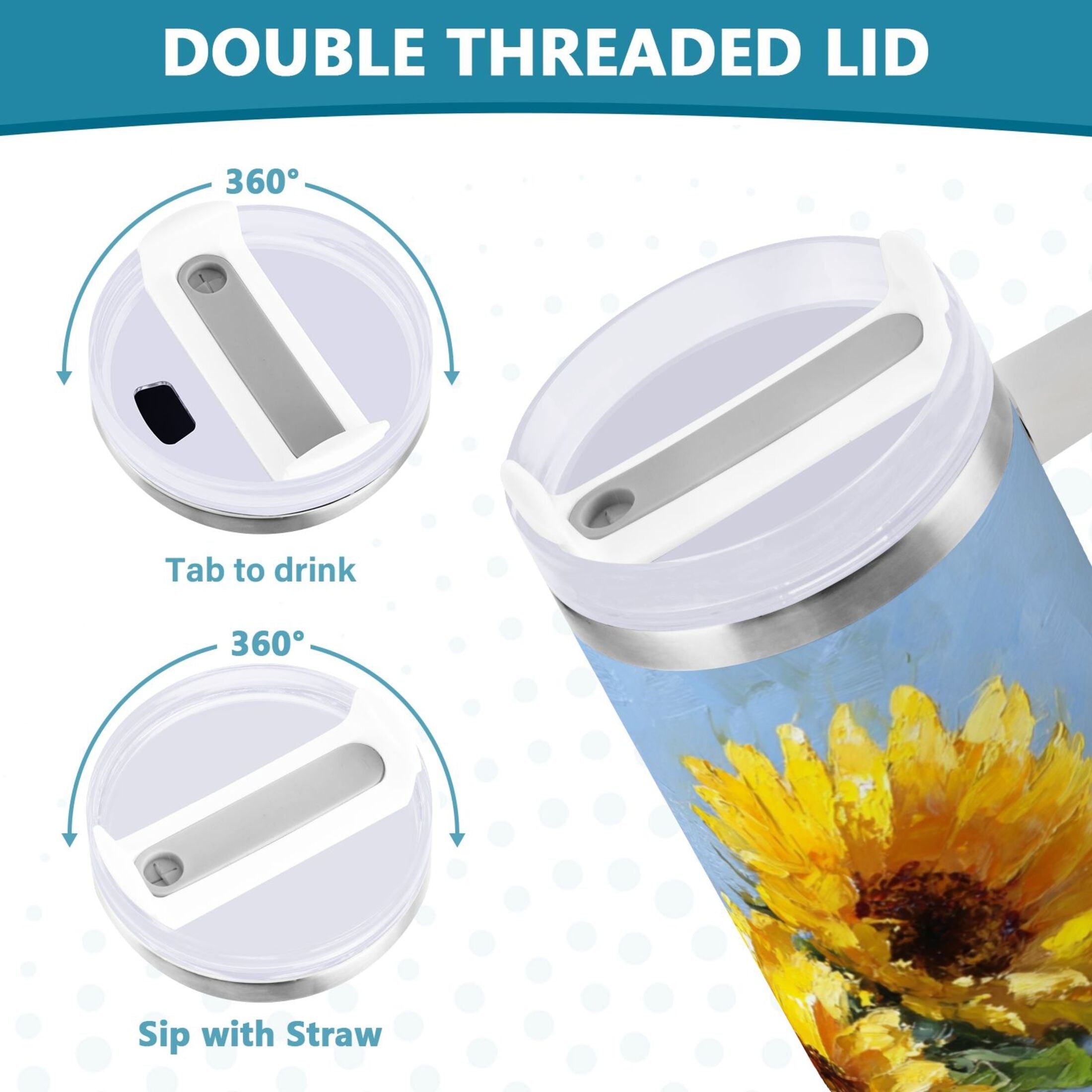 40 oz Insulated Stainless Steel Tumbler Double Wall Stainless Steel Tumbler with 2-Way Drinking Sunflowers Painting C611H