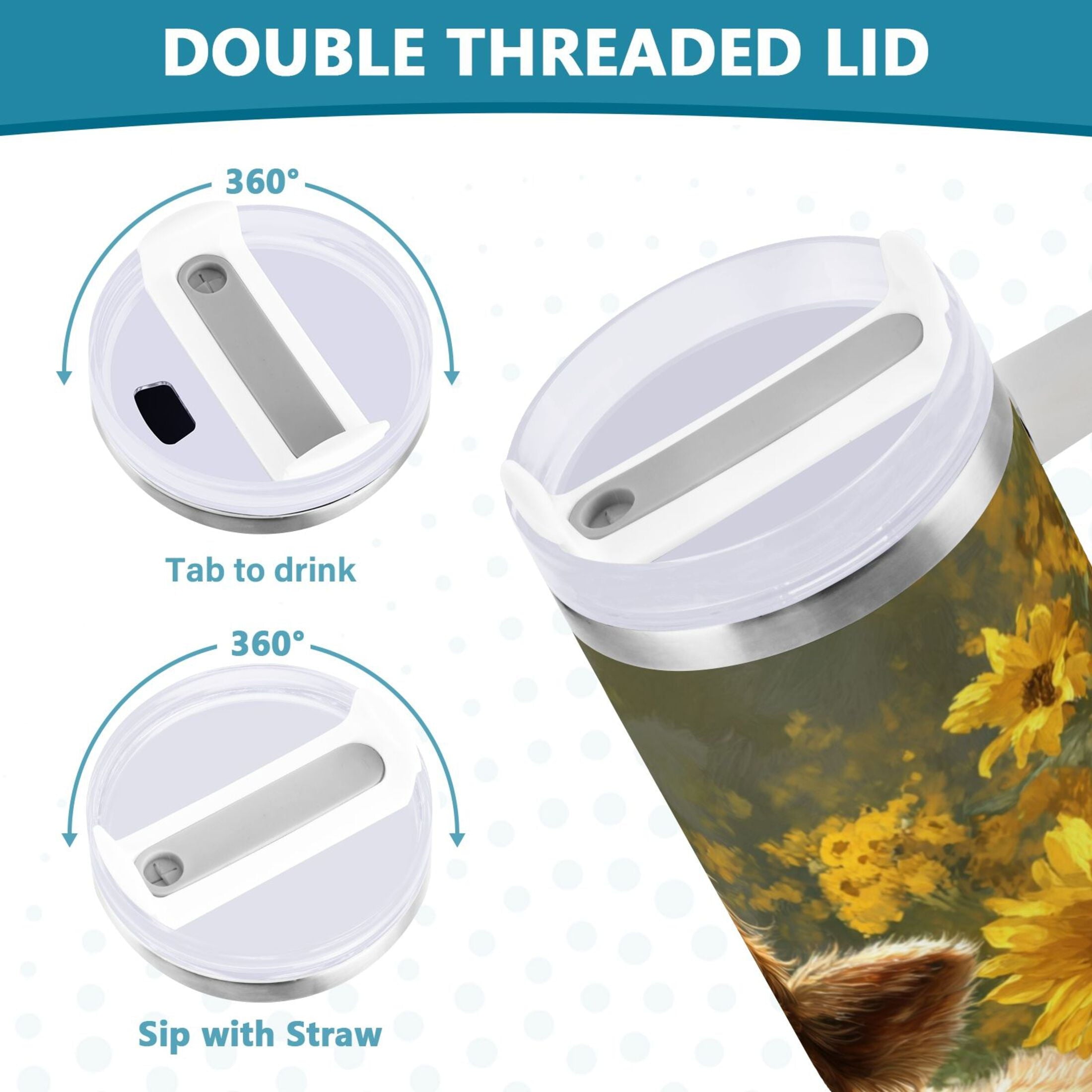 40 oz Insulated Stainless Steel Tumbler Double Wall Stainless Steel Tumbler with 2-Way Drinking Cow Lying in Sunflowers C665S