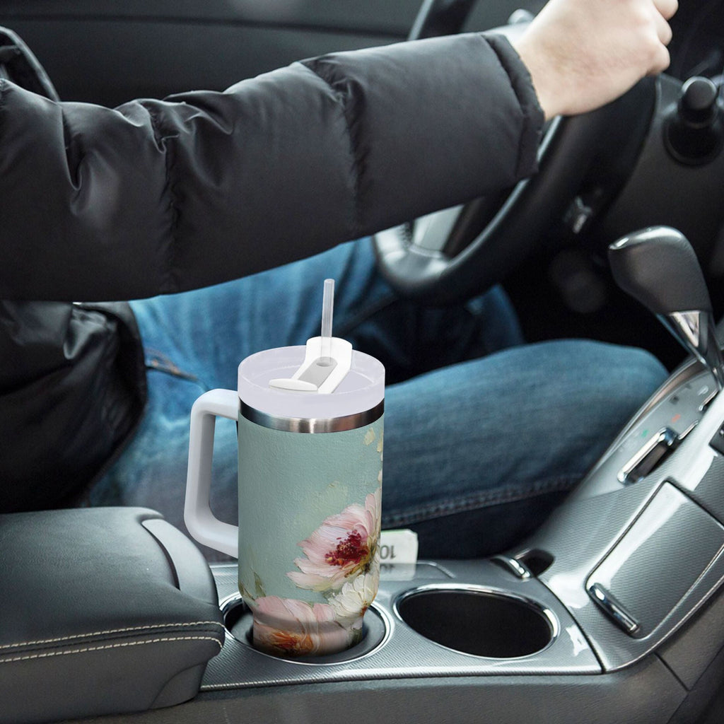40 oz Insulated Stainless Steel Tumbler Double Wall Stainless Steel Tumbler with 2-Way Drinking Vintage Peonies and Daisies C677V