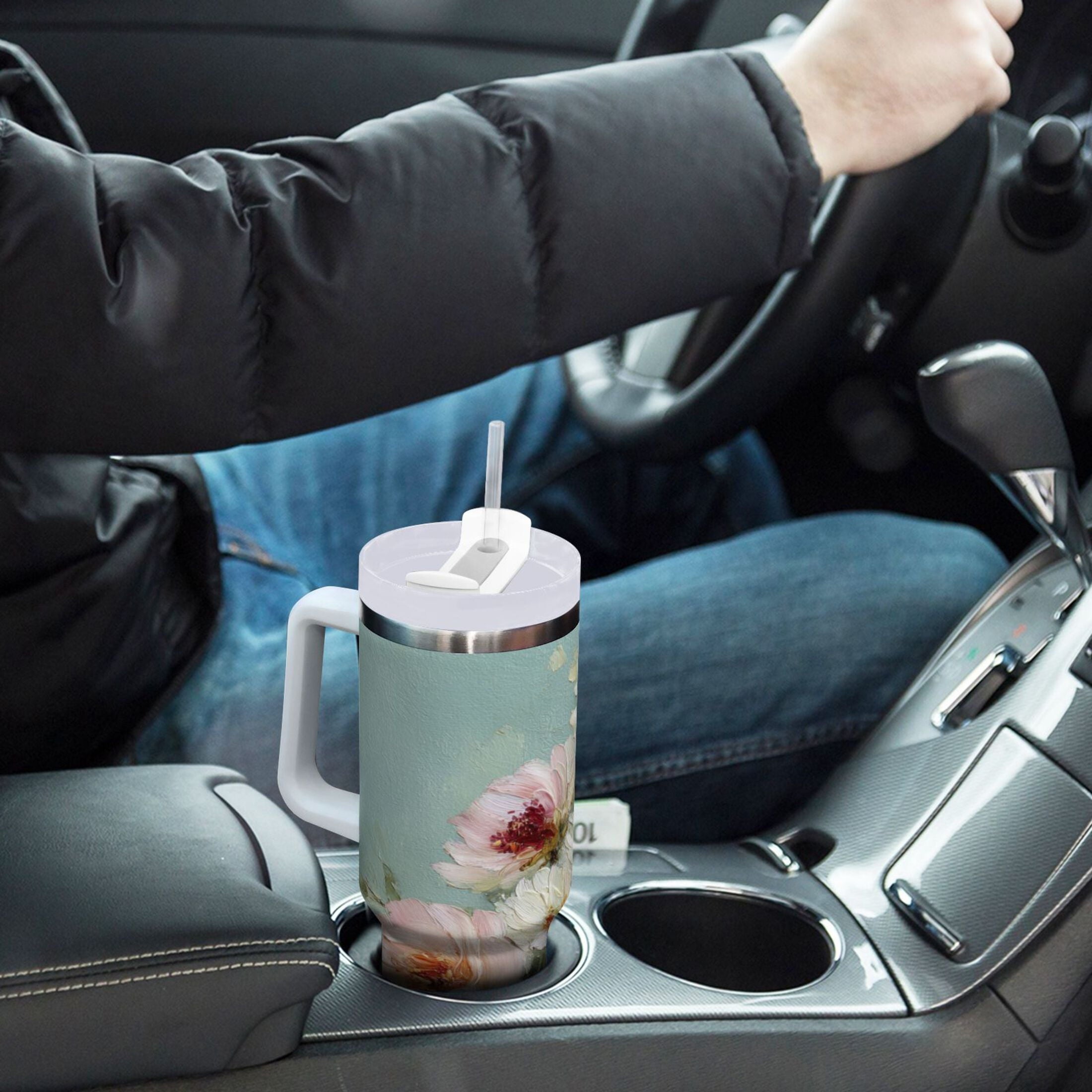 40 oz Insulated Stainless Steel Tumbler Double Wall Stainless Steel Tumbler with 2-Way Drinking Vintage Peonies and Daisies C677V