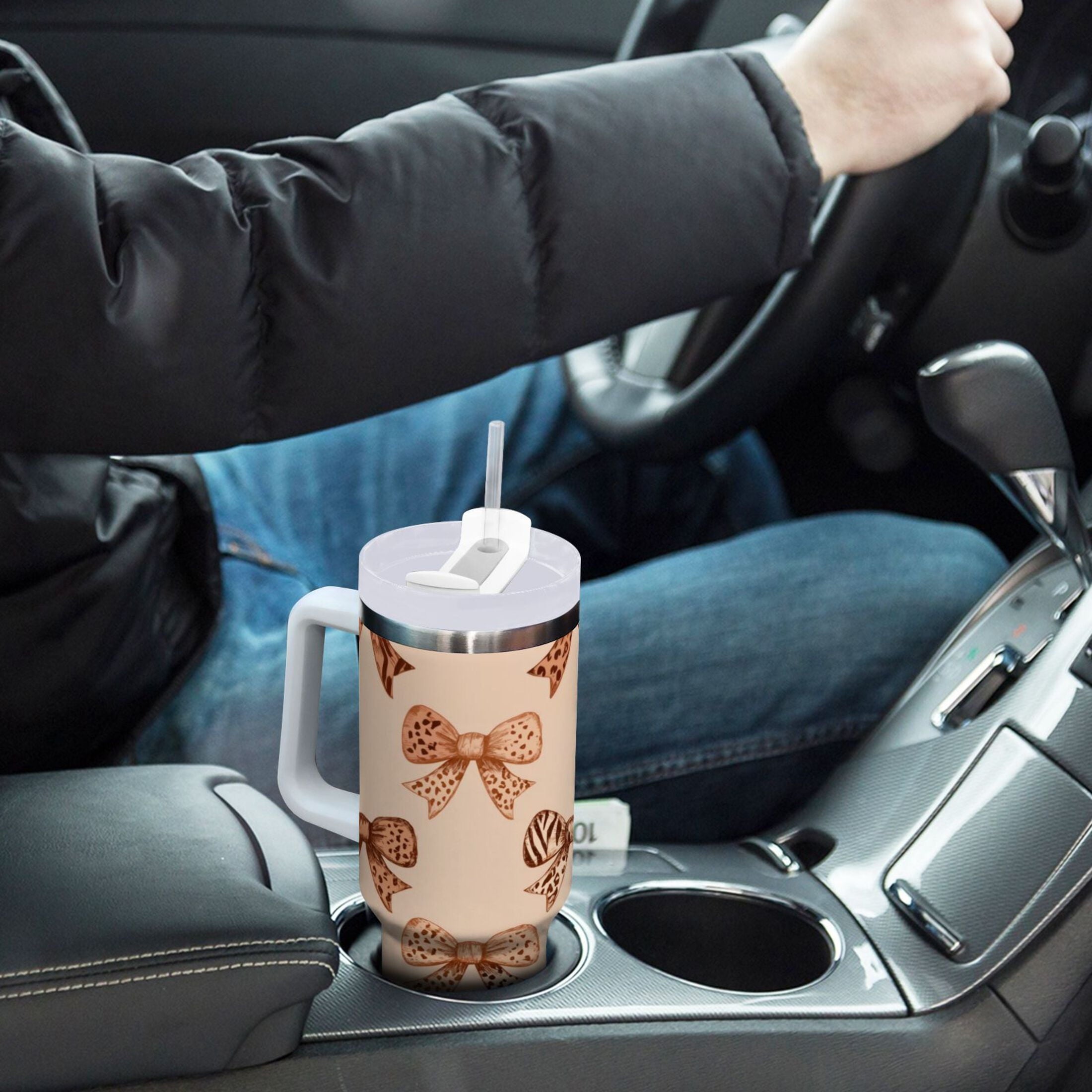 40 oz Insulated Stainless Steel Tumbler Double Wall Stainless Steel Tumbler with 2-Way Drinking Leopard Print Bow C550Y