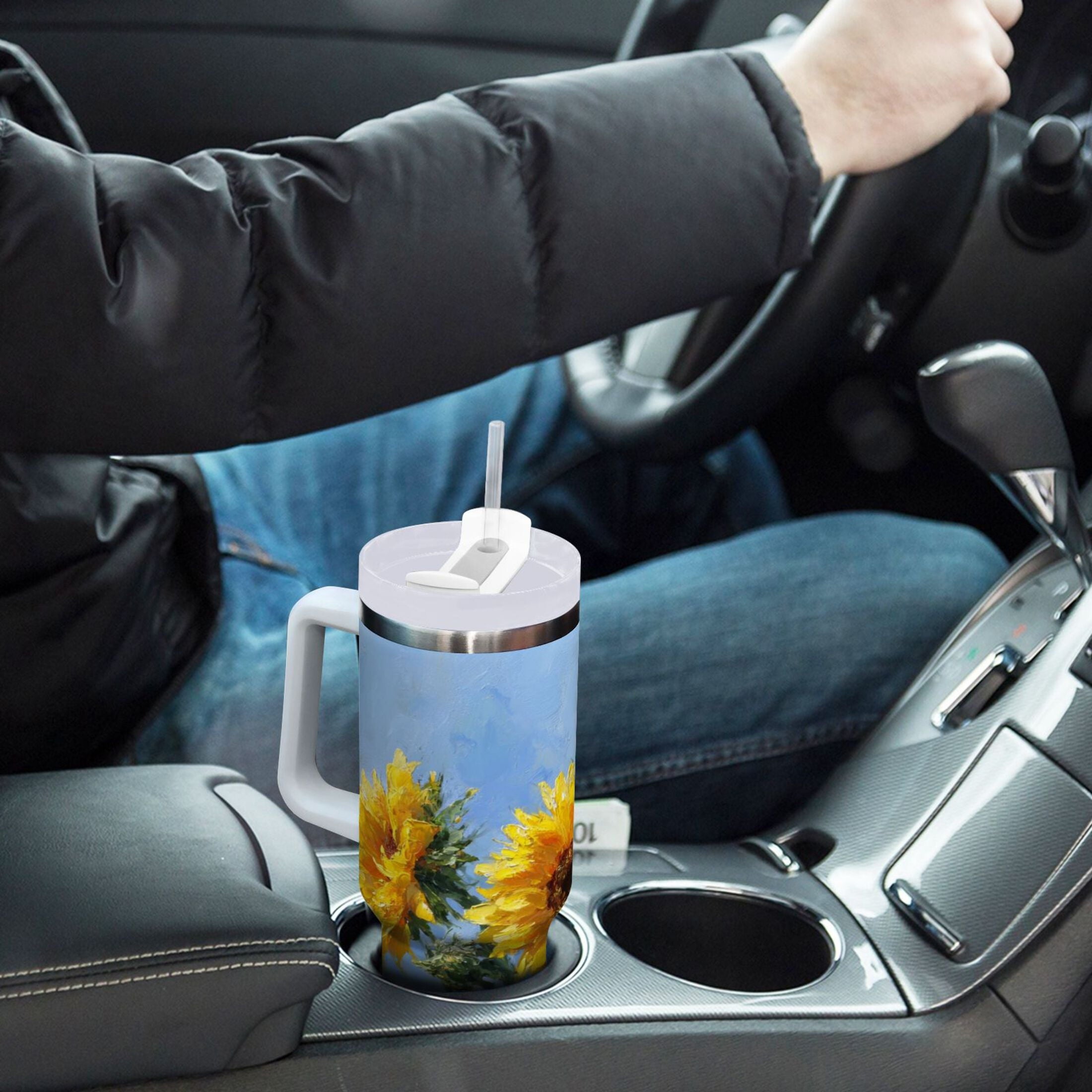40 oz Insulated Stainless Steel Tumbler Double Wall Stainless Steel Tumbler with 2-Way Drinking Sunflowers Painting C611H