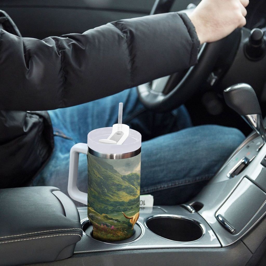 30 oz Insulated Stainless Steel Tumbler Double Wall Stainless Steel Tumbler with 2-Way Drinking Cow in Green Rolling Hills C586U