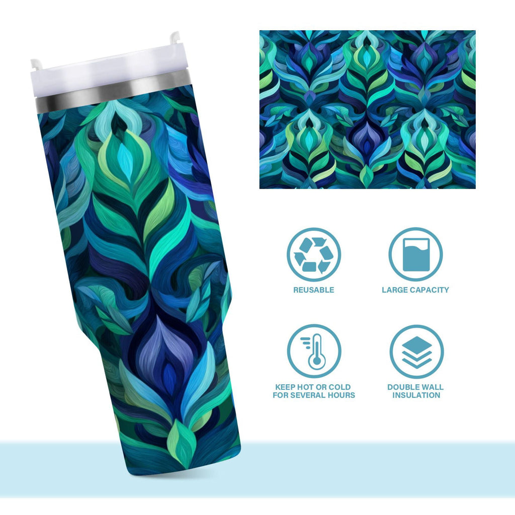 40 oz Insulated Stainless Steel Tumbler Double Wall Stainless Steel Tumbler with 2-Way Drinking Elegant Blue Abstract Shapes C609M