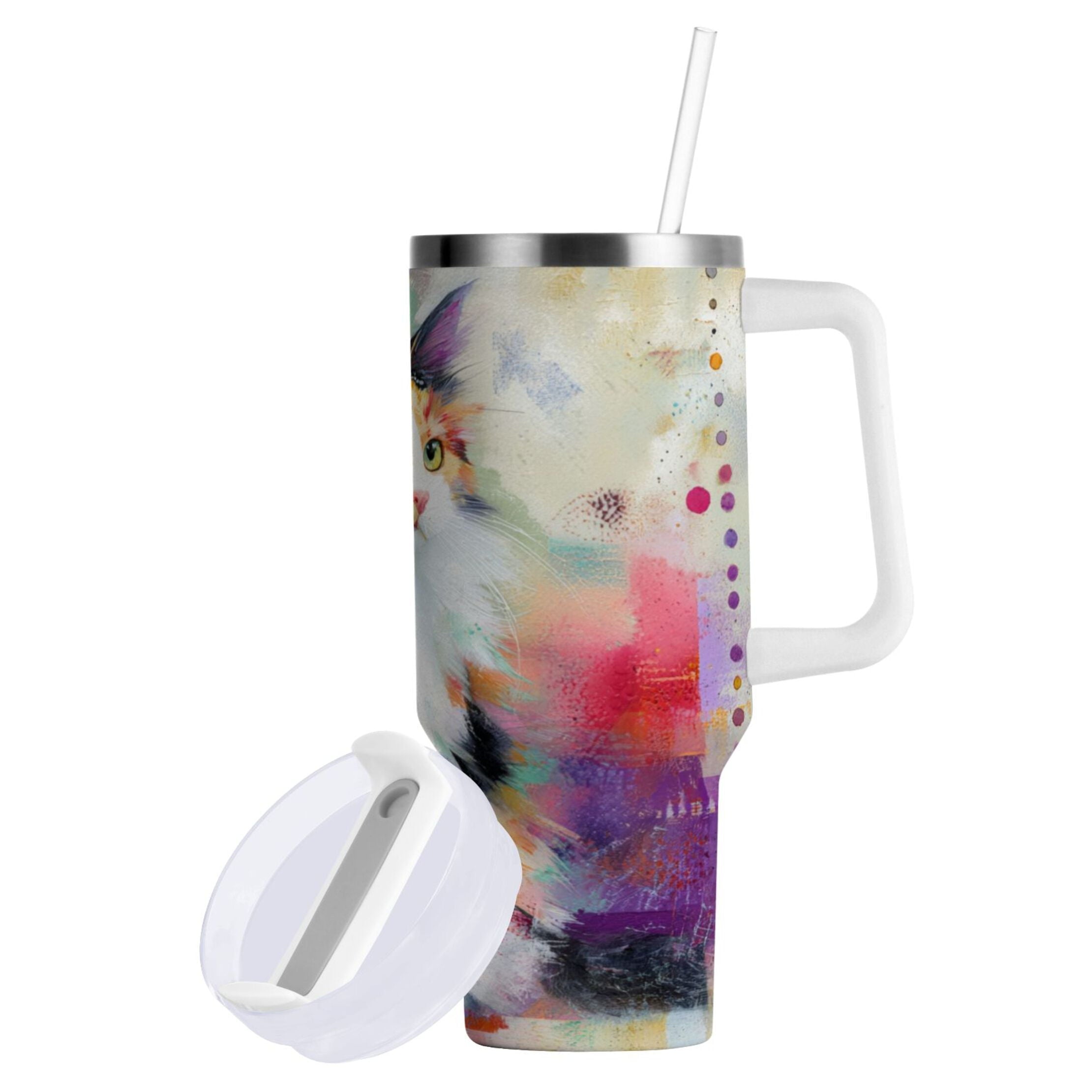 30 oz Insulated Stainless Steel Tumbler Double Wall Stainless Steel Tumbler with 2-Way Drinking Charming Hairy Cat C672W