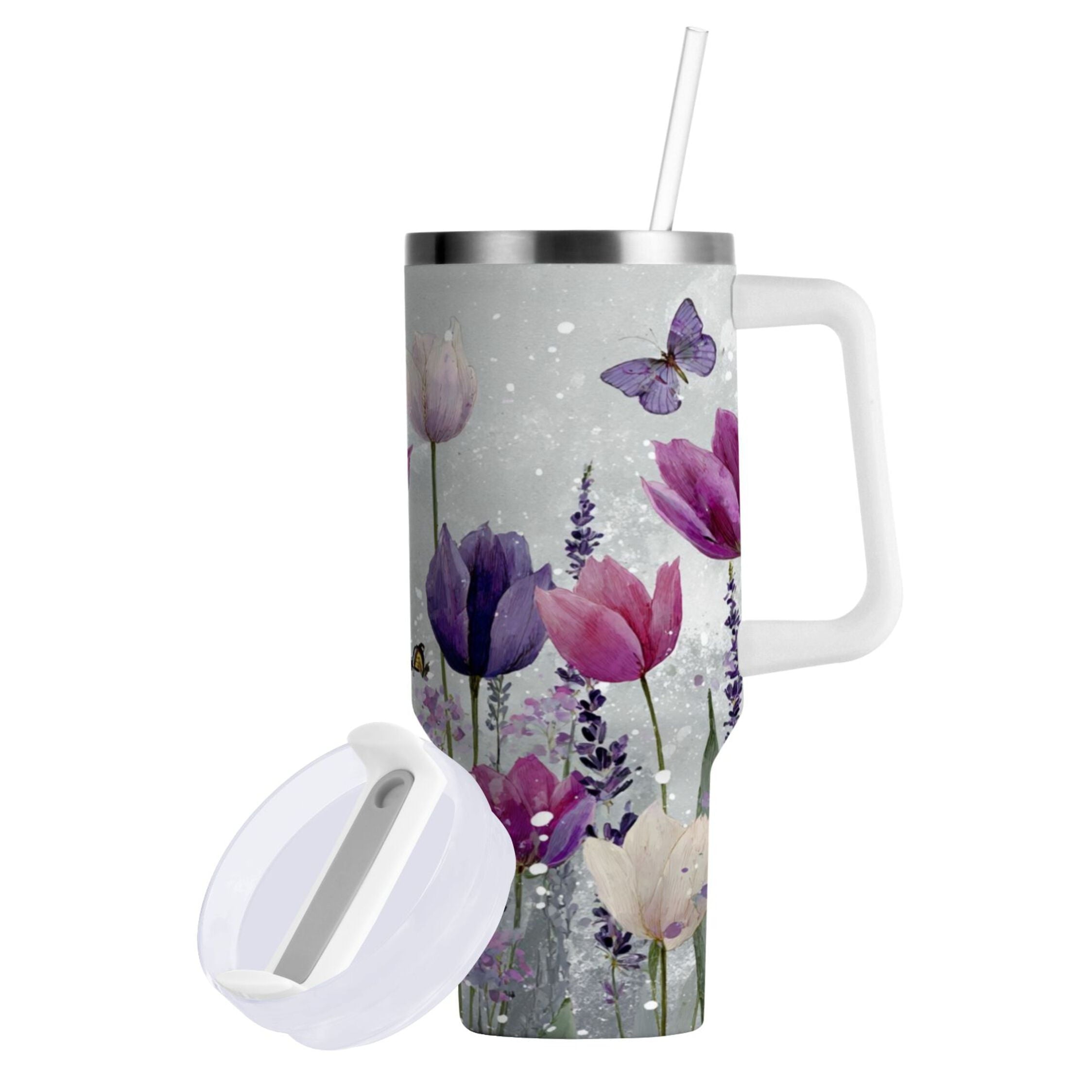 40 oz Insulated Stainless Steel Tumbler Double Wall Stainless Steel Tumbler with 2-Way Drinking Colorful Tulips and Lavender C456H