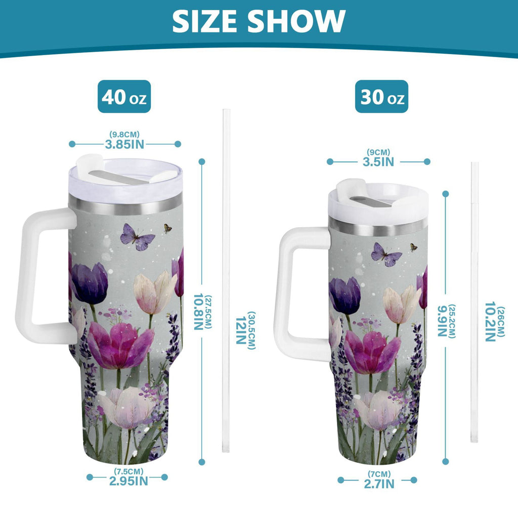 40 oz Insulated Stainless Steel Tumbler Double Wall Stainless Steel Tumbler with 2-Way Drinking Colorful Tulips and Lavender C456H