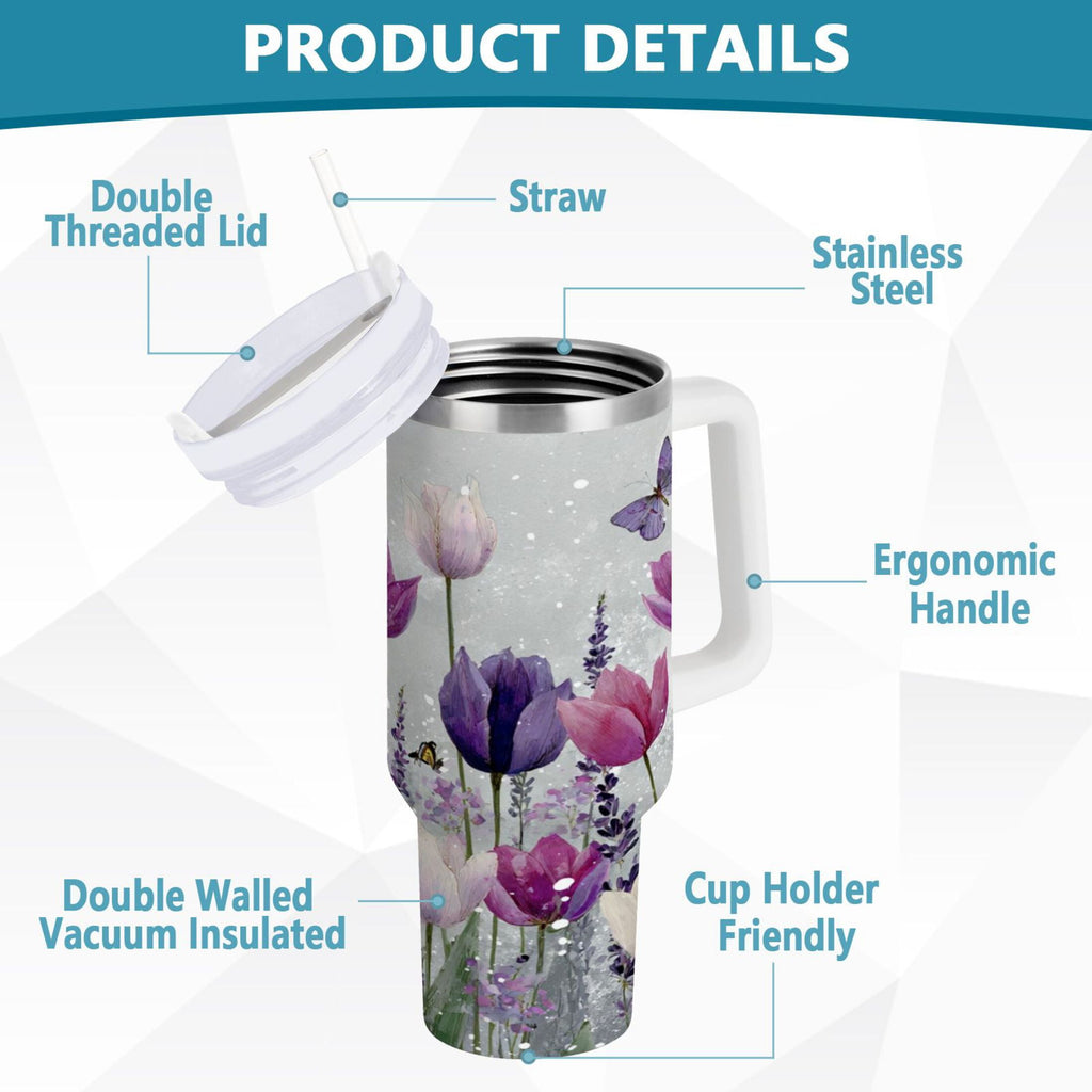 40 oz Insulated Stainless Steel Tumbler Double Wall Stainless Steel Tumbler with 2-Way Drinking Colorful Tulips and Lavender C456H