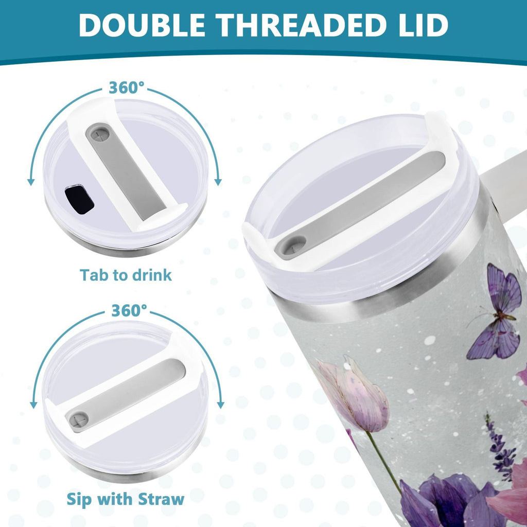40 oz Insulated Stainless Steel Tumbler Double Wall Stainless Steel Tumbler with 2-Way Drinking Colorful Tulips and Lavender C456H