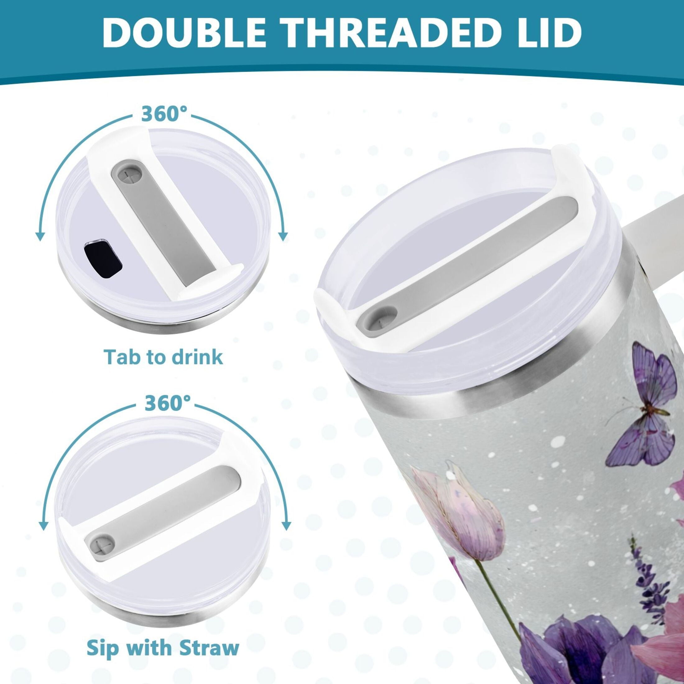 40 oz Insulated Stainless Steel Tumbler Double Wall Stainless Steel Tumbler with 2-Way Drinking Colorful Tulips and Lavender C456H