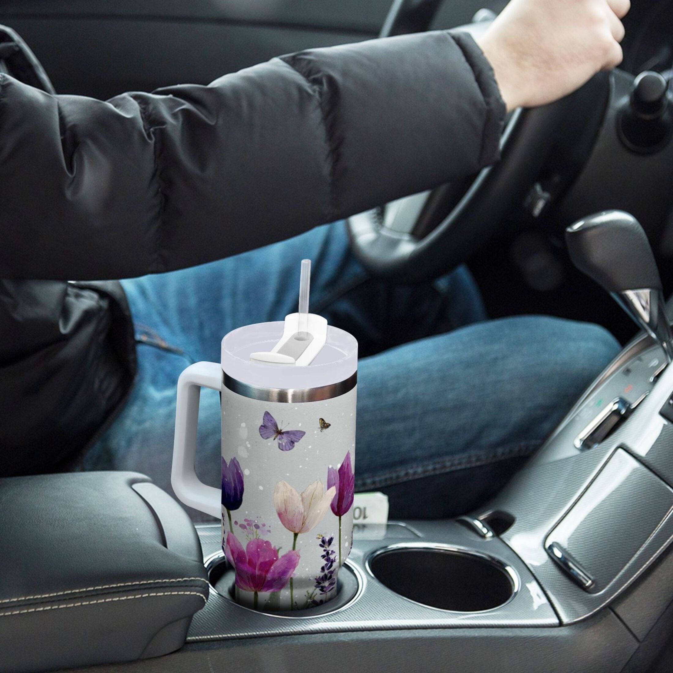 40 oz Insulated Stainless Steel Tumbler Double Wall Stainless Steel Tumbler with 2-Way Drinking Colorful Tulips and Lavender C456H