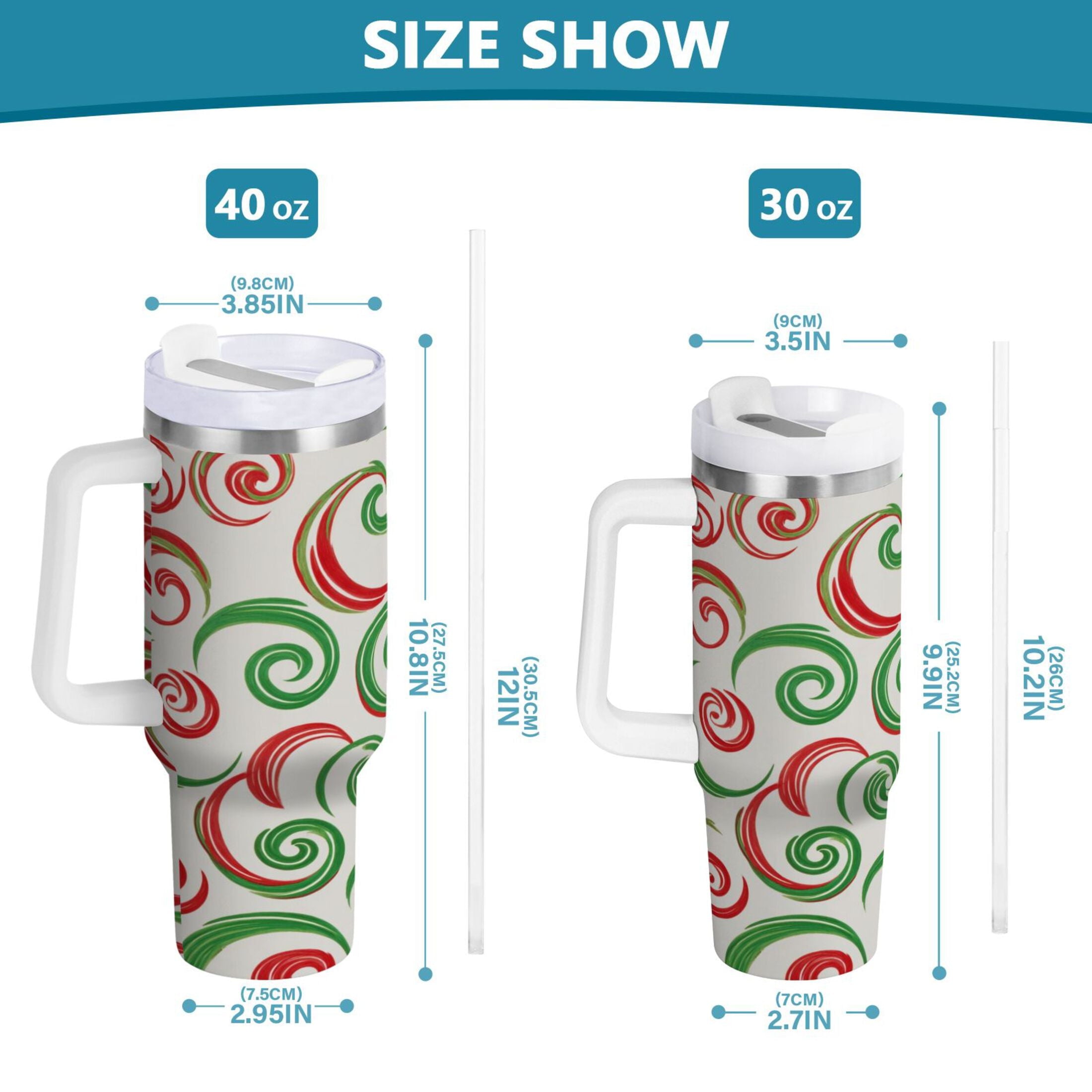 40 oz Insulated Stainless Steel Tumbler Double Wall Stainless Steel Tumbler with 2-Way Drinking Red and Green Swirls C539J