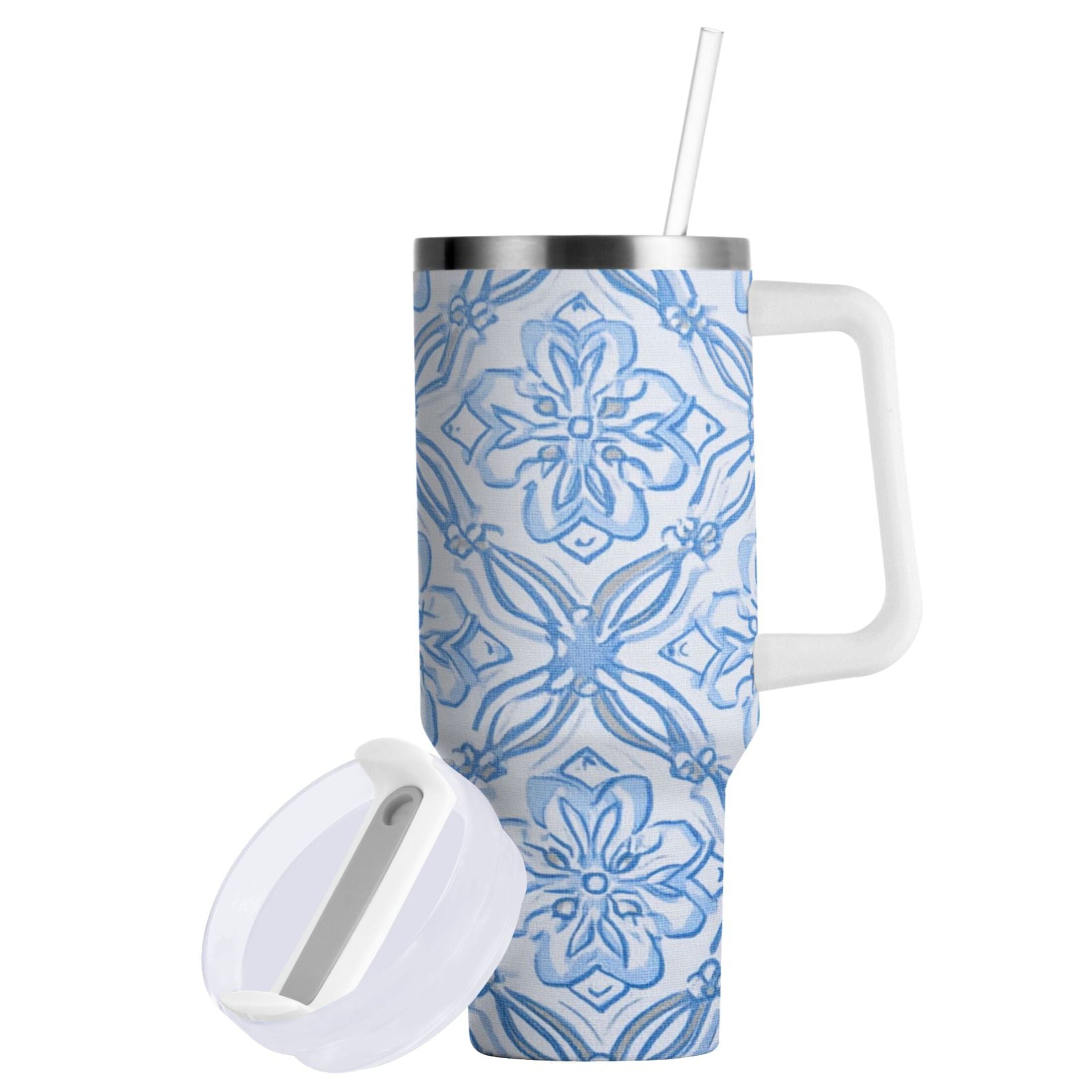 30 oz Insulated Stainless Steel Tumbler Double Wall Stainless Steel Tumbler with 2-Way Drinking Blue Elegant Geometric Design C623R