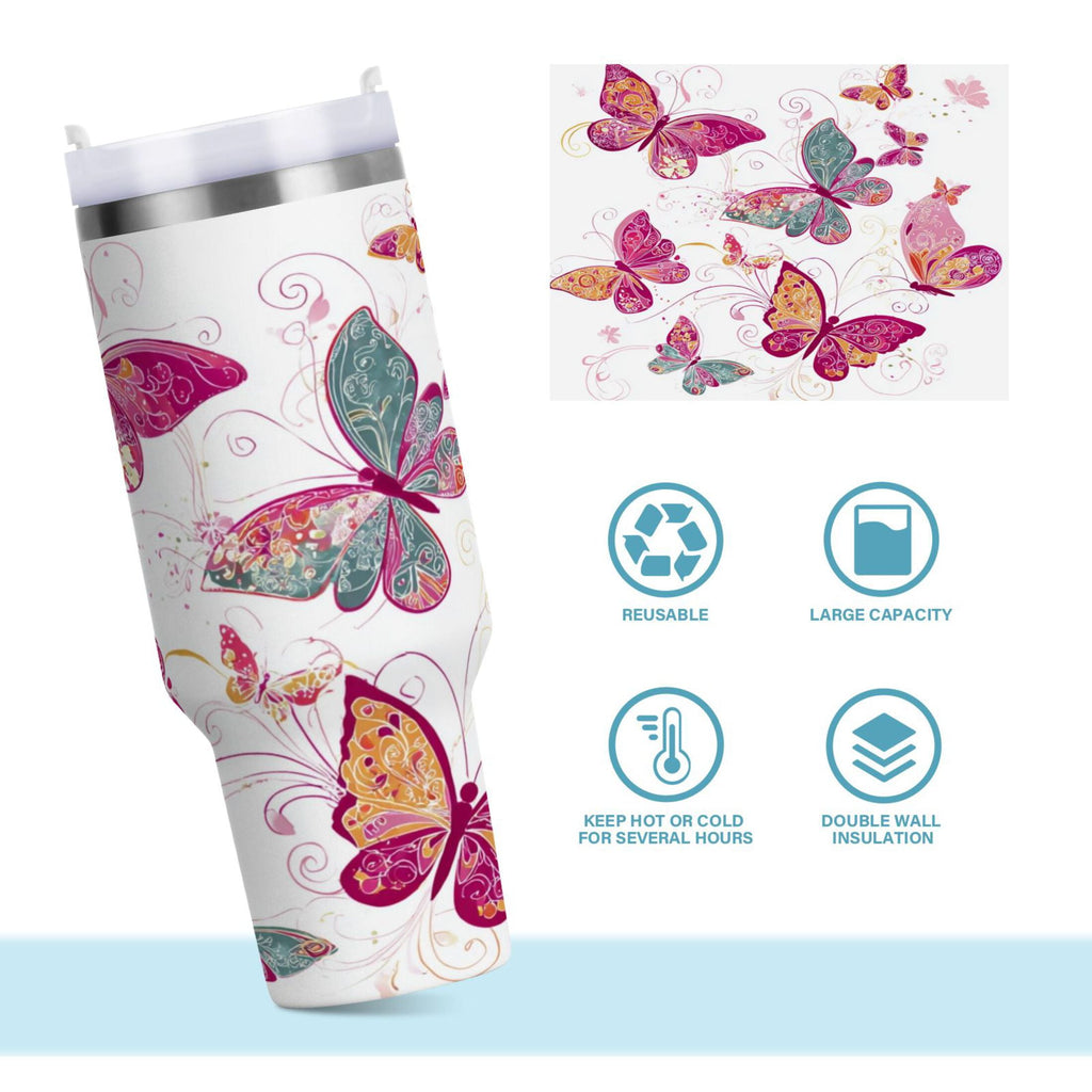 30 oz Insulated Stainless Steel Tumbler Double Wall Stainless Steel Tumbler with 2-Way Drinking Colorful Butterflies C605U