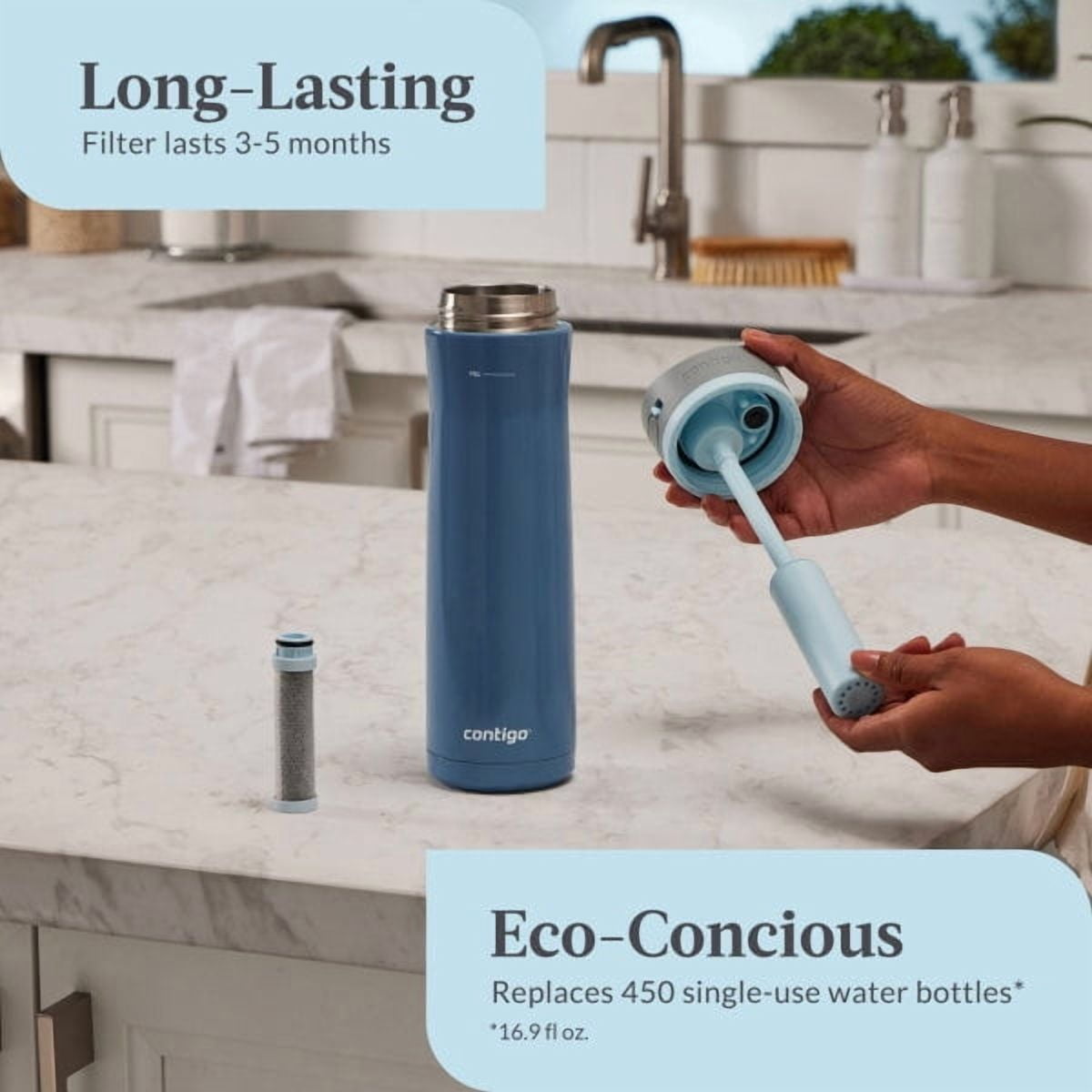 Contigo 24 oz. Wells Chill Stainless Steel Filter Bottle w/ Filters - Dark Ice C084A