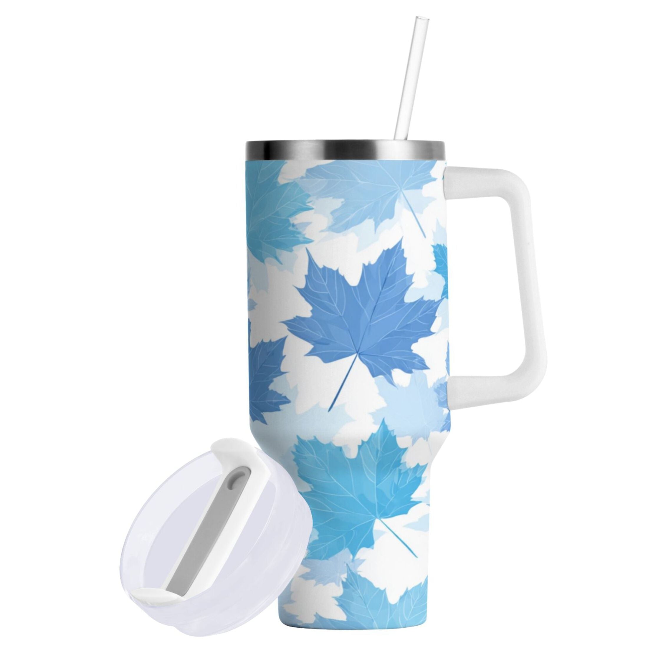 30 oz Insulated Stainless Steel Tumbler Double Wall Stainless Steel Tumbler with 2-Way Drinking Light Blue Maple Leaves C461Z