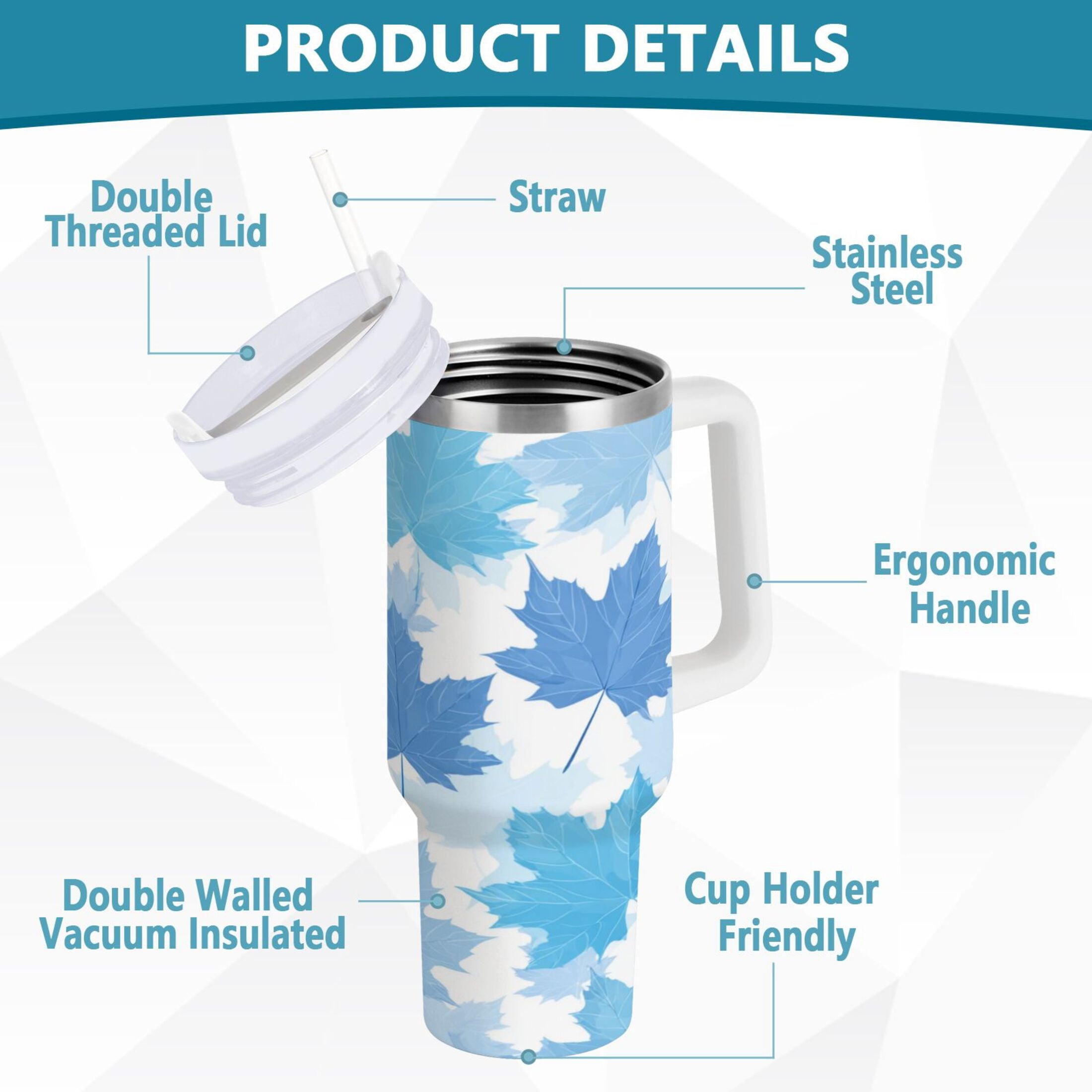 30 oz Insulated Stainless Steel Tumbler Double Wall Stainless Steel Tumbler with 2-Way Drinking Light Blue Maple Leaves C461Z