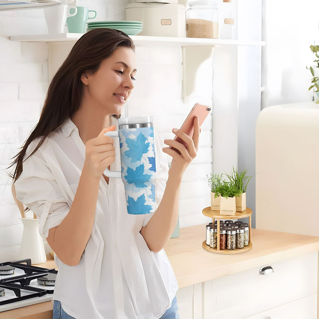 30 oz Insulated Stainless Steel Tumbler Double Wall Stainless Steel Tumbler with 2-Way Drinking Light Blue Maple Leaves C461Z