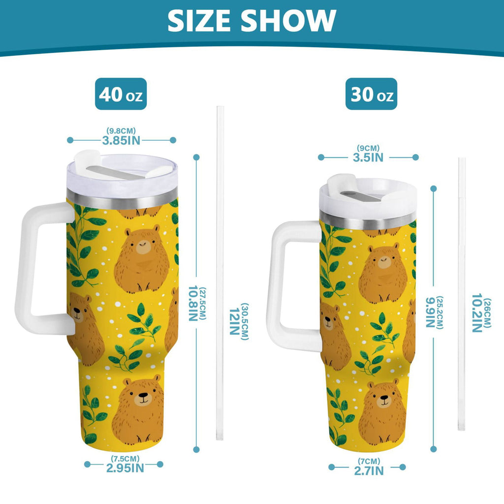 30 oz Insulated Stainless Steel Tumbler Double Wall Stainless Steel Tumbler with 2-Way Drinking Capybara and Green Leaves C658M