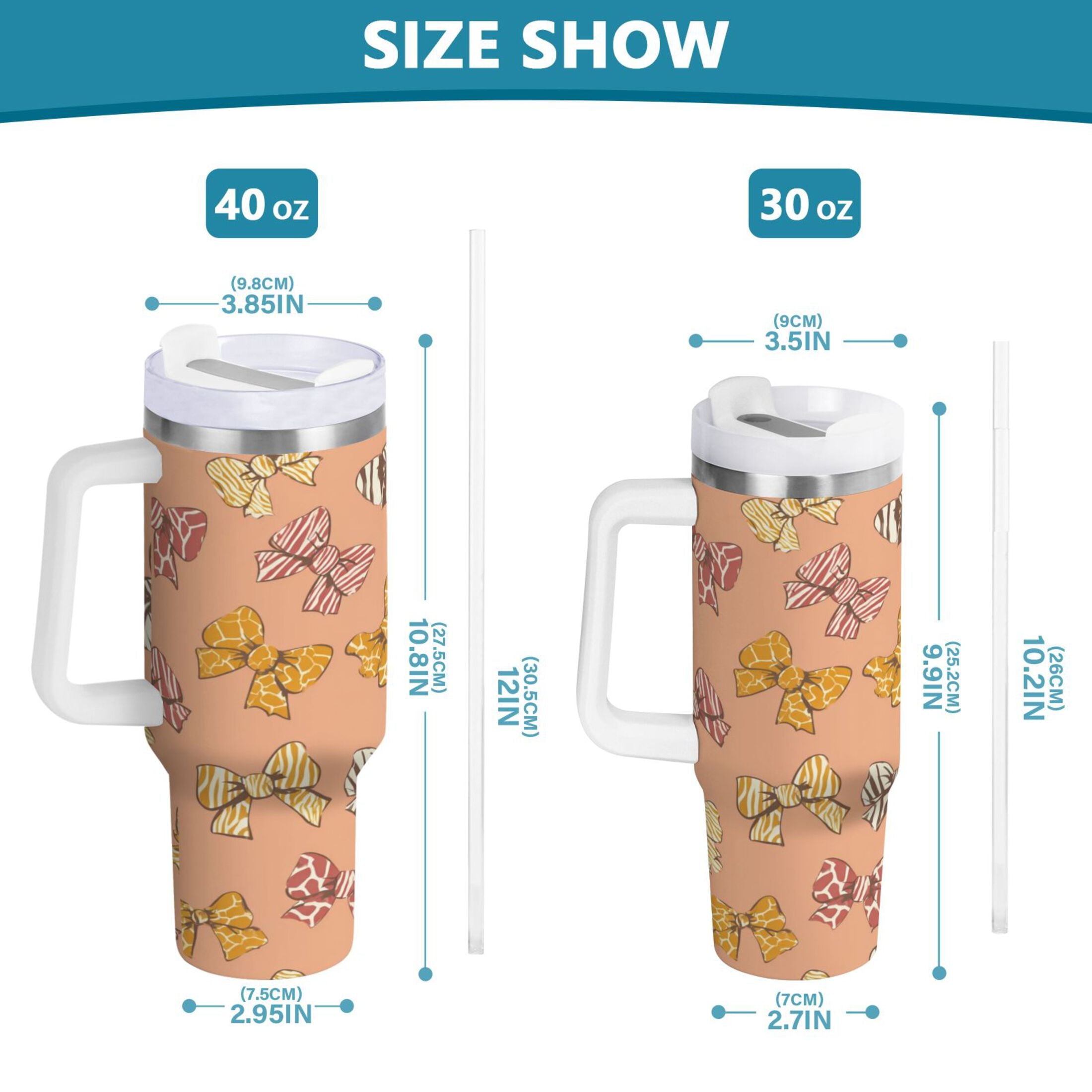 40 oz Insulated Stainless Steel Tumbler Double Wall Stainless Steel Tumbler with 2-Way Drinking Cute Animal Print Bows C678W