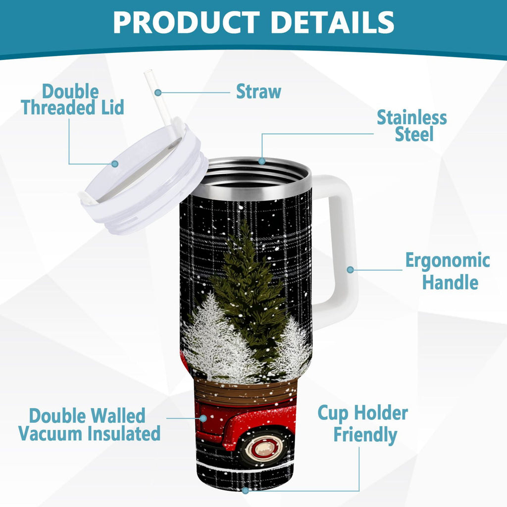 40 oz Insulated Stainless Steel Tumbler Double Wall Stainless Steel Tumbler with 2-Way Drinking Red Truck with Christmas Tree C669P