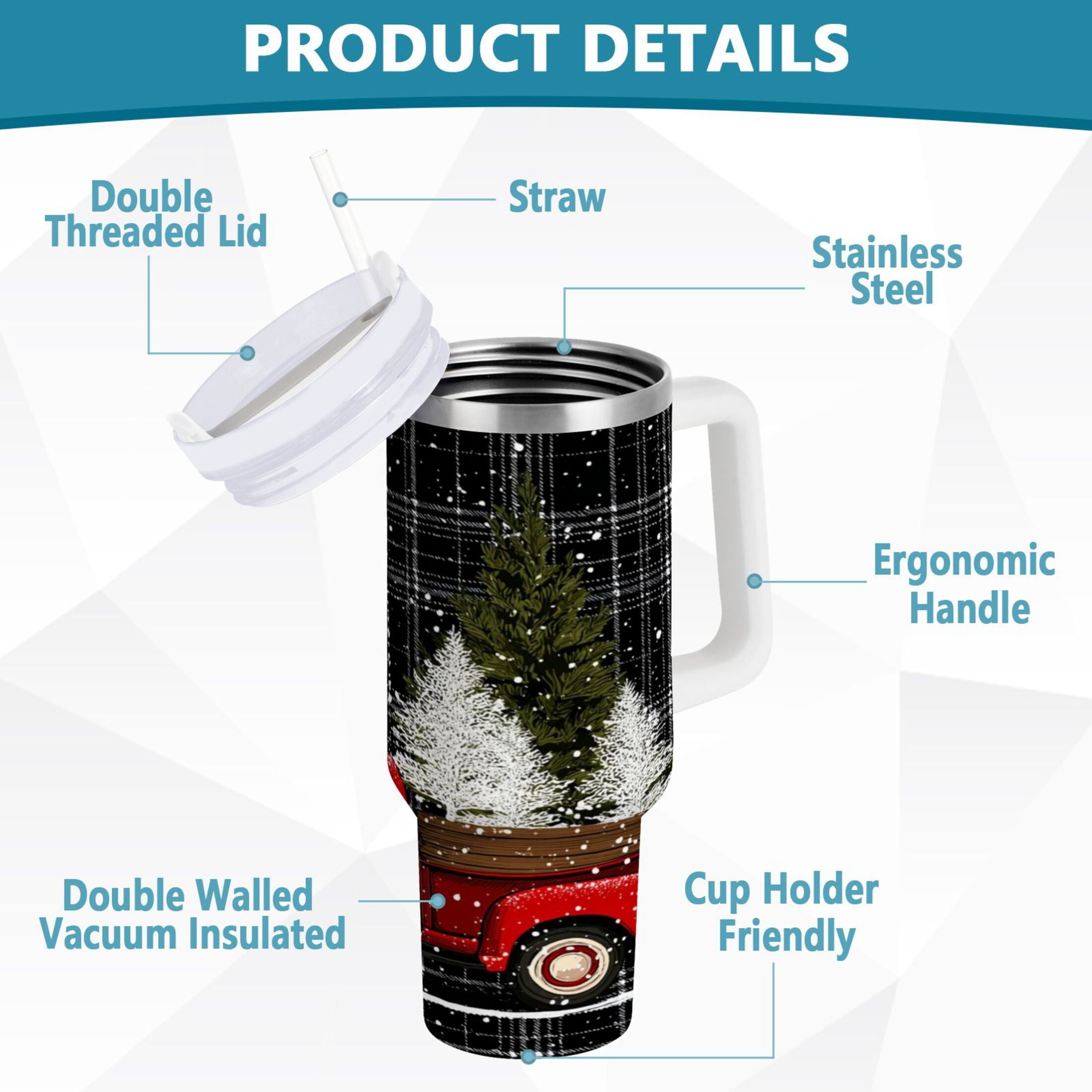 40 oz Insulated Stainless Steel Tumbler Double Wall Stainless Steel Tumbler with 2-Way Drinking Red Truck with Christmas Tree C669P