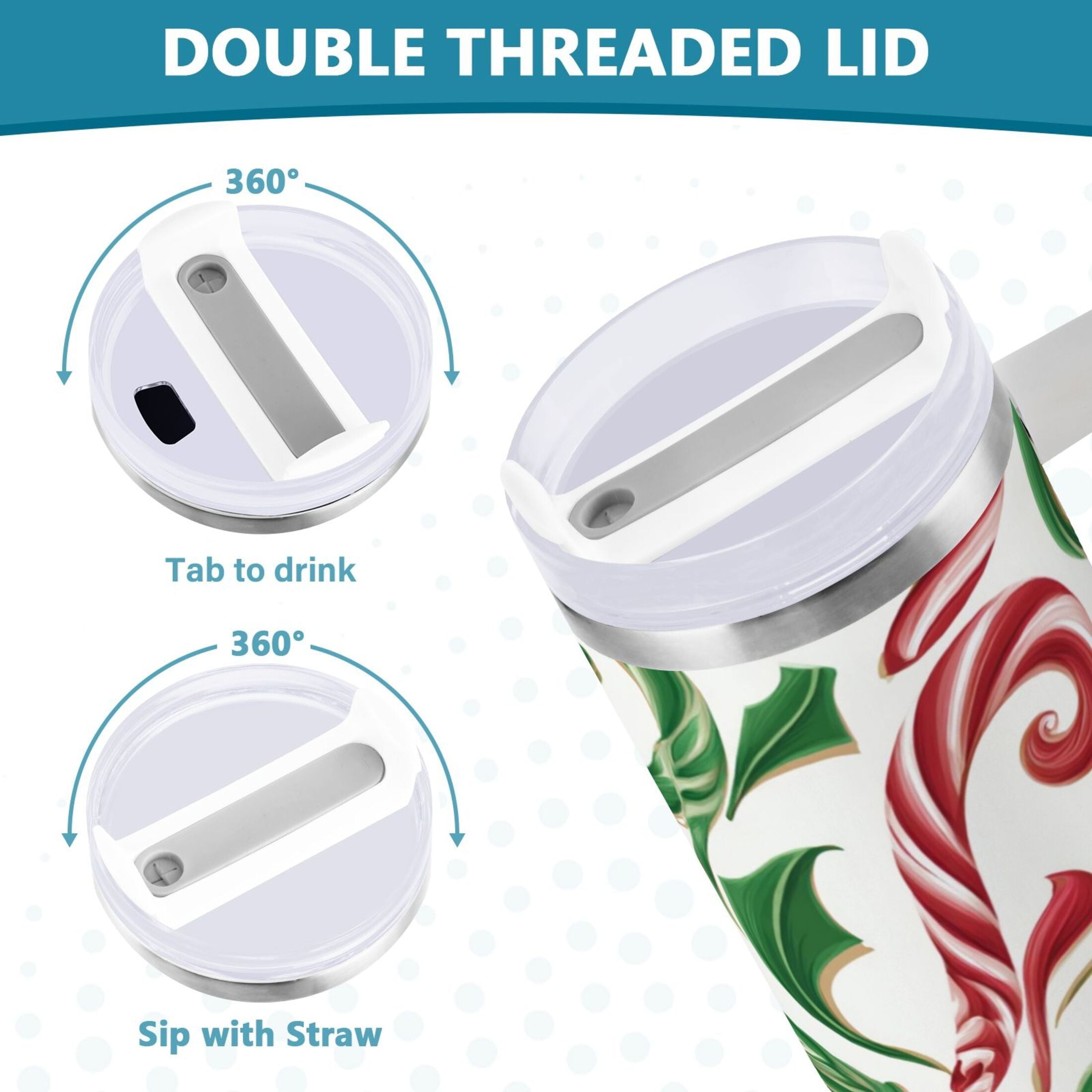 40 oz Insulated Stainless Steel Tumbler Double Wall Stainless Steel Tumbler with 2-Way Drinking Red and Green Candy-cane C573R