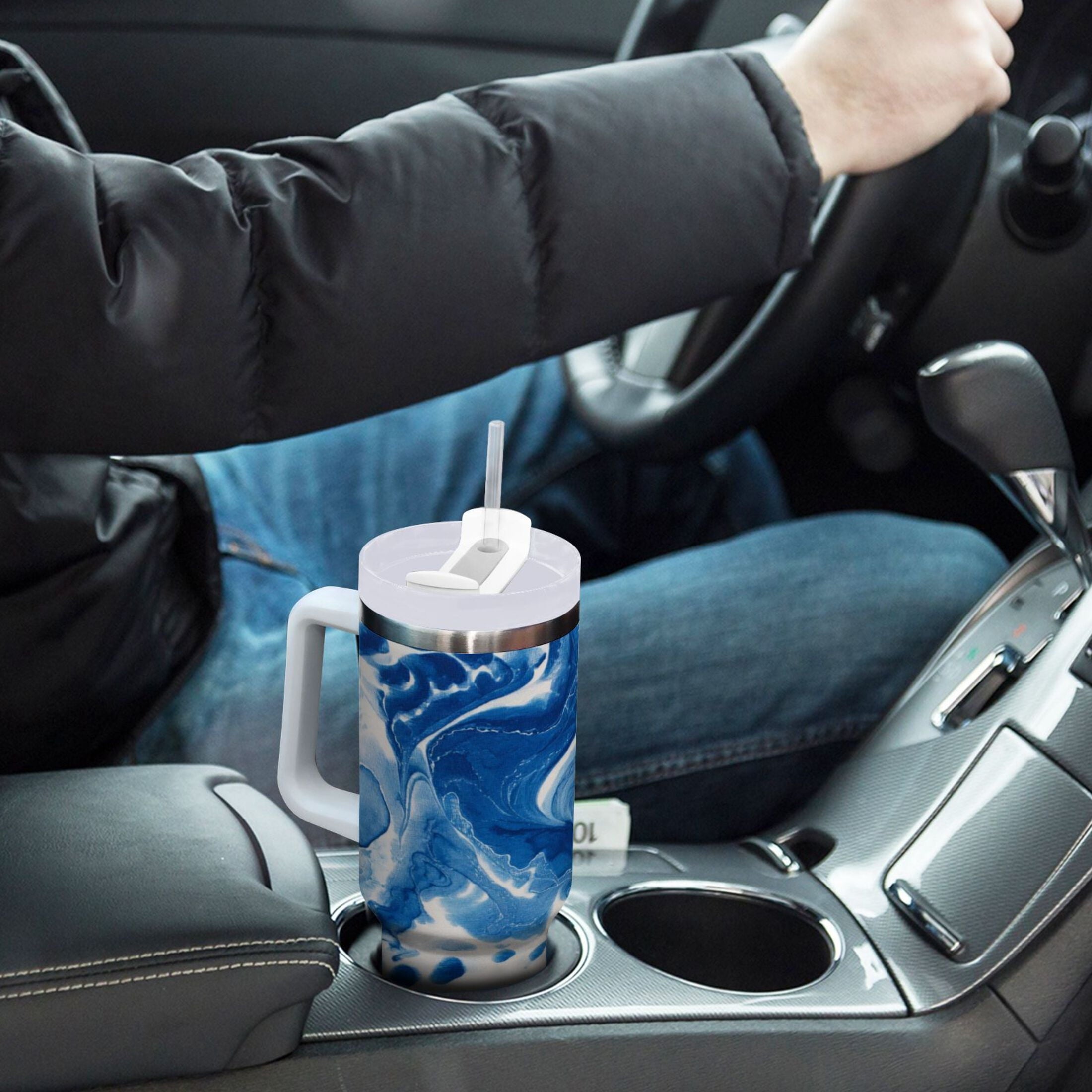 40 oz Insulated Stainless Steel Tumbler Double Wall Stainless Steel Tumbler with 2-Way Drinking Indigo Blue Tie-dye Pattern C632Z