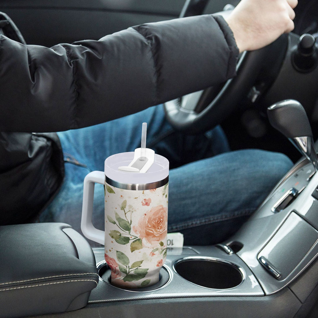 40 oz Insulated Stainless Steel Tumbler Double Wall Stainless Steel Tumbler with 2-Way Drinking Watercolor Rose Floral Pattern C499N