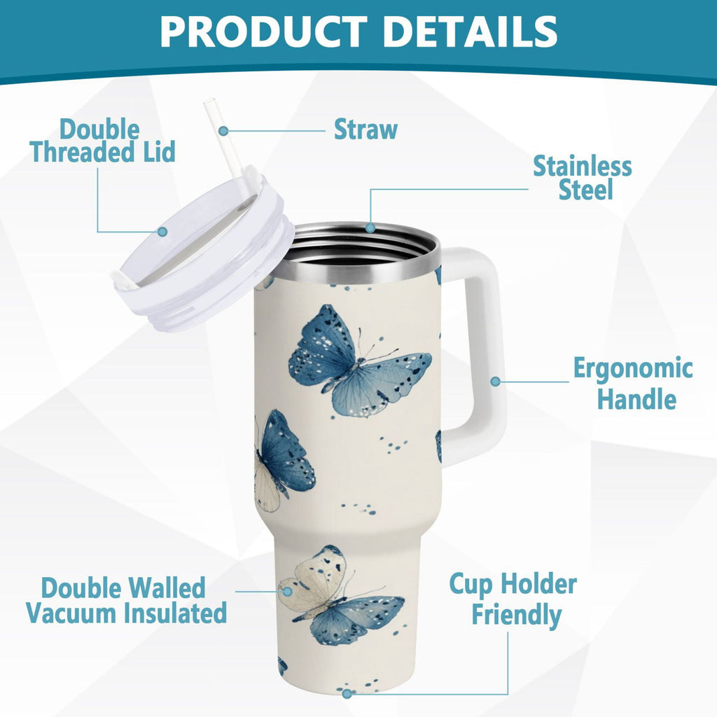 30 oz Insulated Stainless Steel Tumbler Double Wall Stainless Steel Tumbler with 2-Way Drinking Blue Watercolor Butterflies C572C