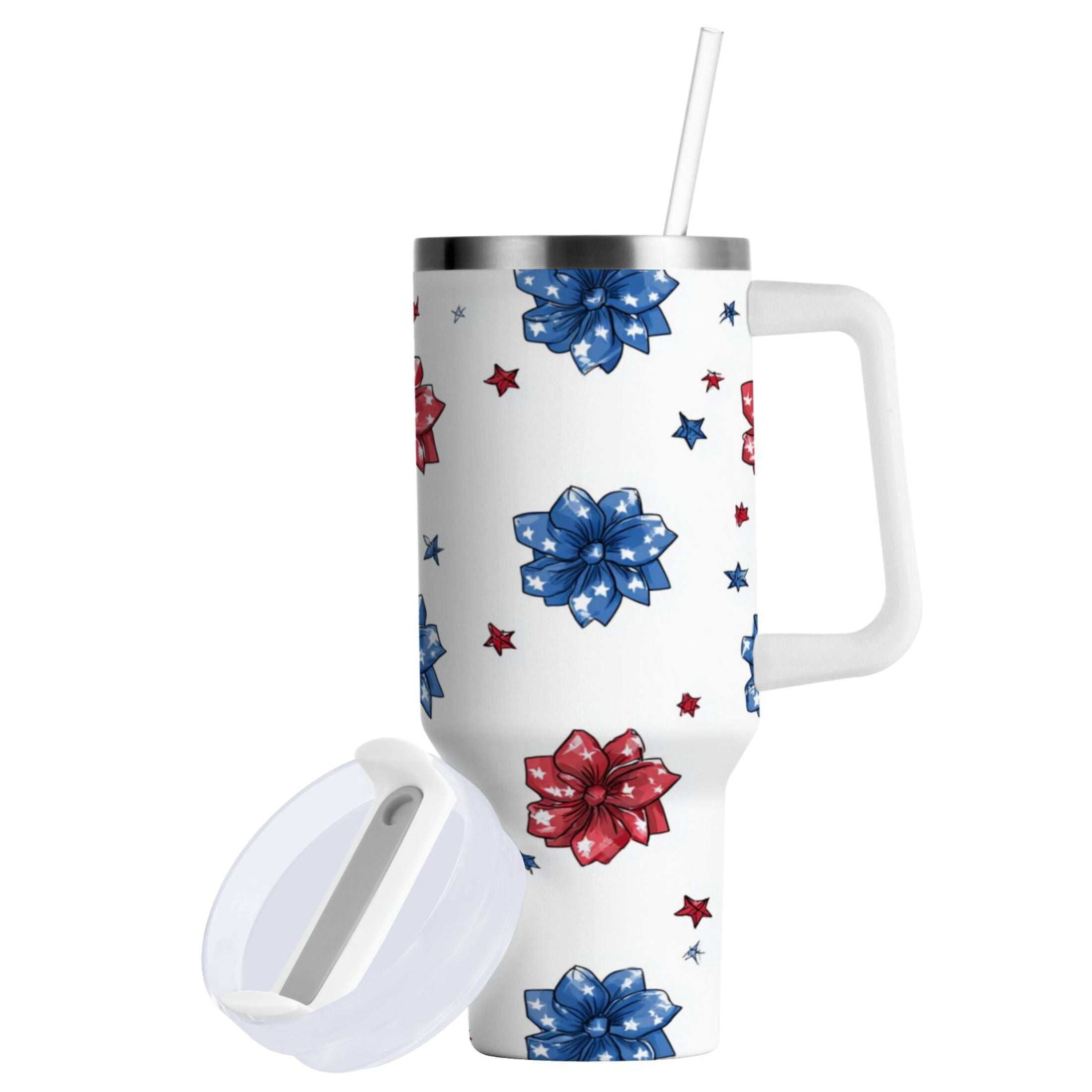40 oz Insulated Stainless Steel Tumbler Double Wall Stainless Steel Tumbler with 2-Way Drinking Stars and Stripes Puttern Flower C521A