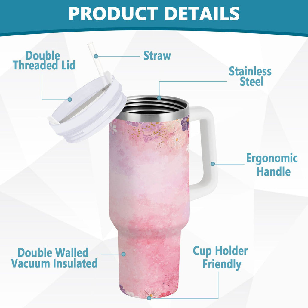 30 oz Insulated Stainless Steel Tumbler Double Wall Stainless Steel Tumbler with 2-Way Drinking Colorful Pastel Floral Pattern C514B