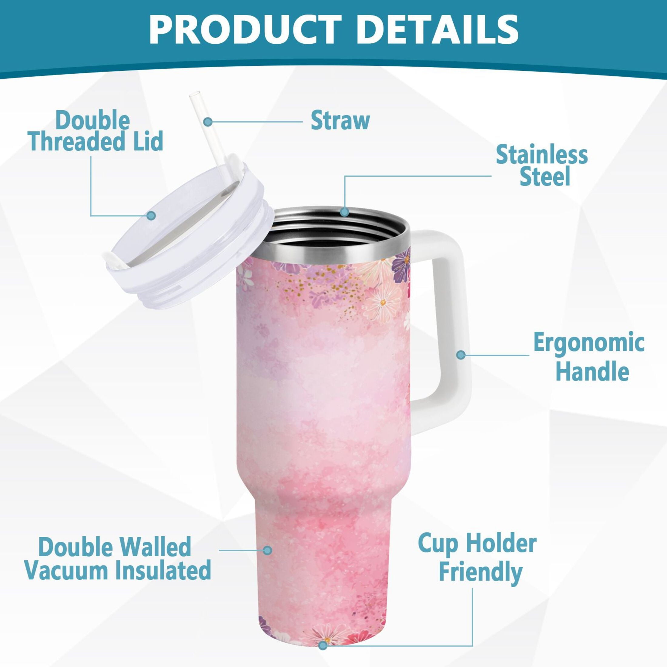 30 oz Insulated Stainless Steel Tumbler Double Wall Stainless Steel Tumbler with 2-Way Drinking Colorful Pastel Floral Pattern C514B