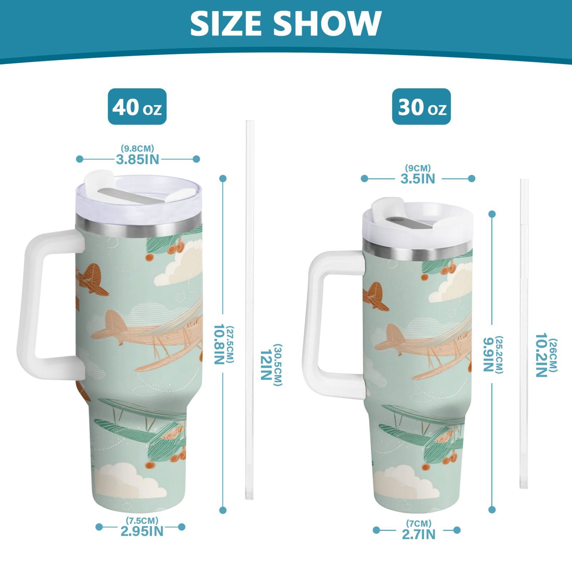40 oz Insulated Stainless Steel Tumbler Double Wall Stainless Steel Tumbler with 2-Way Drinking Cute Airplanes C647S