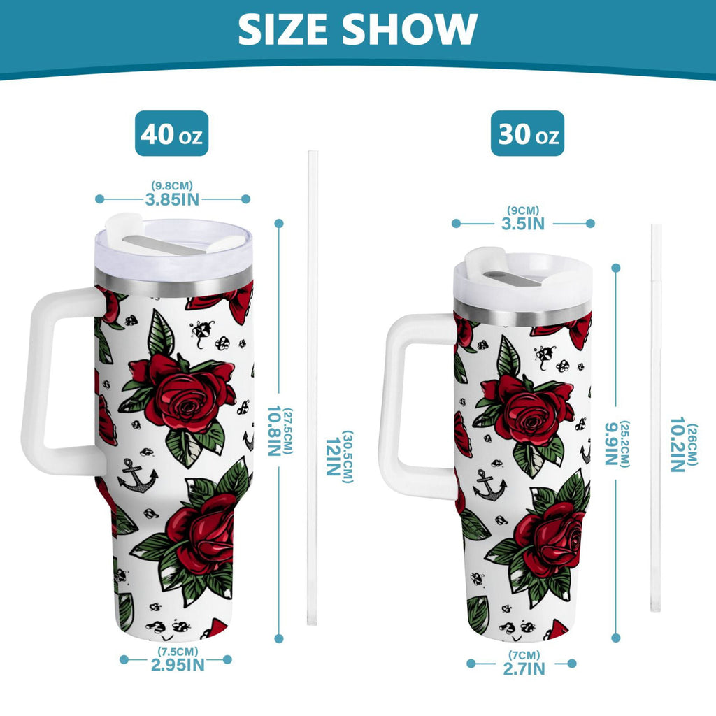 40 oz Insulated Stainless Steel Tumbler Double Wall Stainless Steel Tumbler with 2-Way Drinking Red Roses and Cherries C599Z
