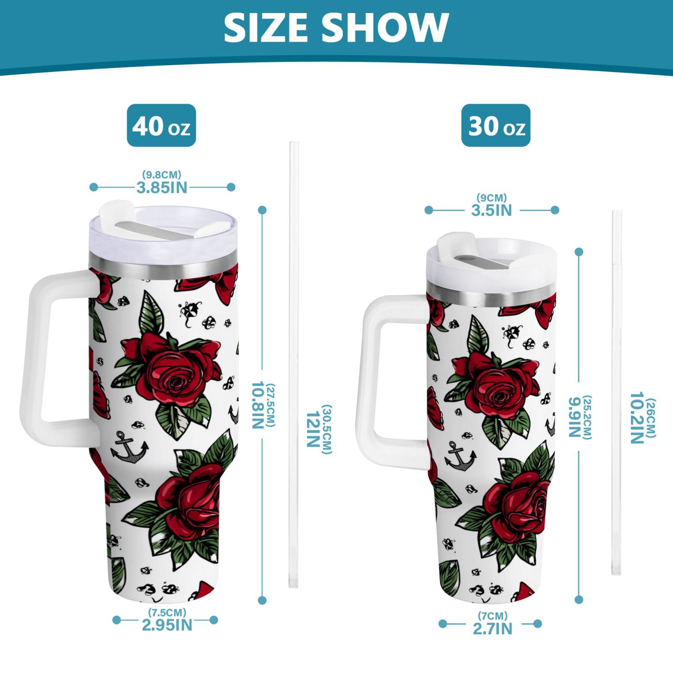 40 oz Insulated Stainless Steel Tumbler Double Wall Stainless Steel Tumbler with 2-Way Drinking Red Roses and Cherries C599Z