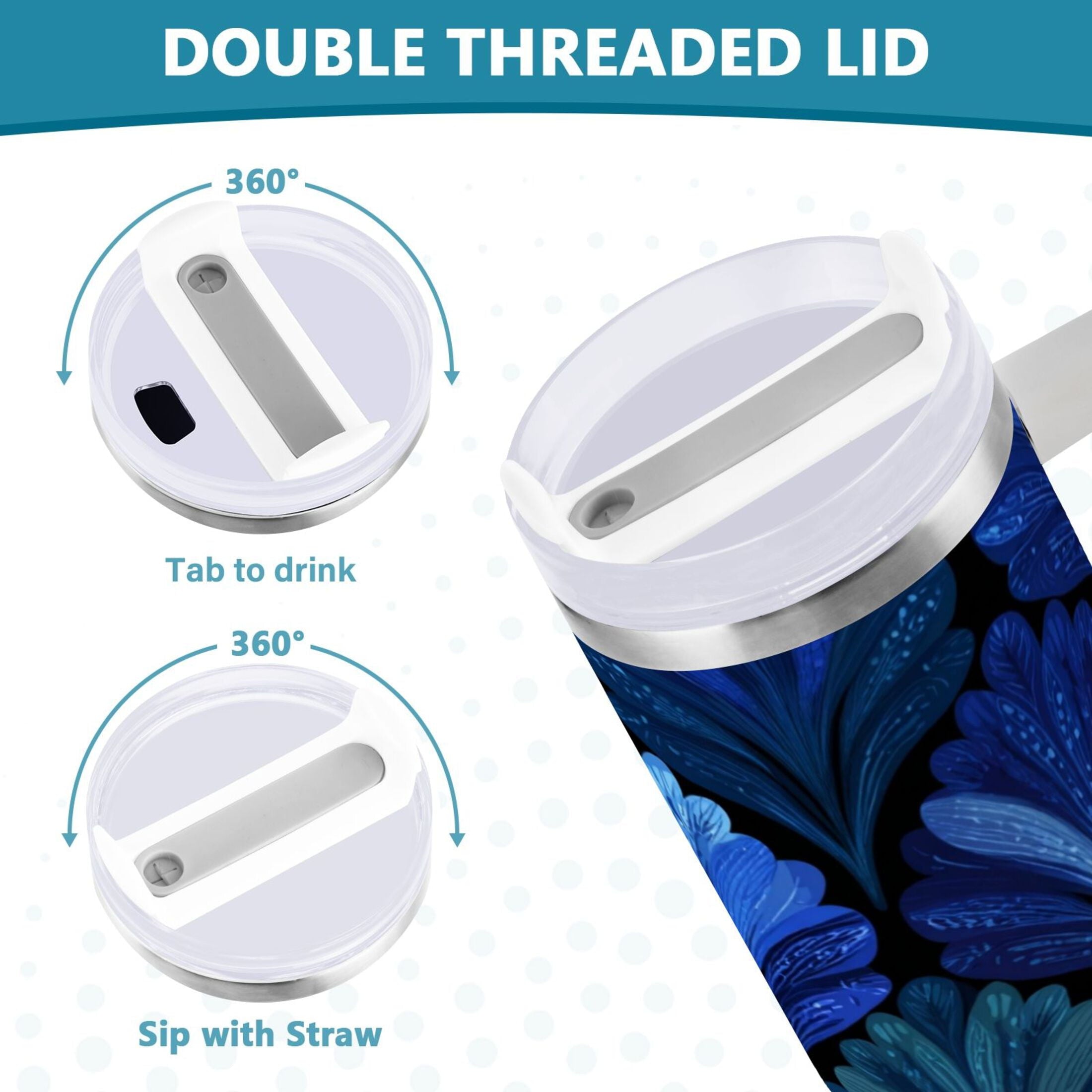 30 oz Insulated Stainless Steel Tumbler Double Wall Stainless Steel Tumbler with 2-Way Drinking Blue Batik Leaves Pattern C525W