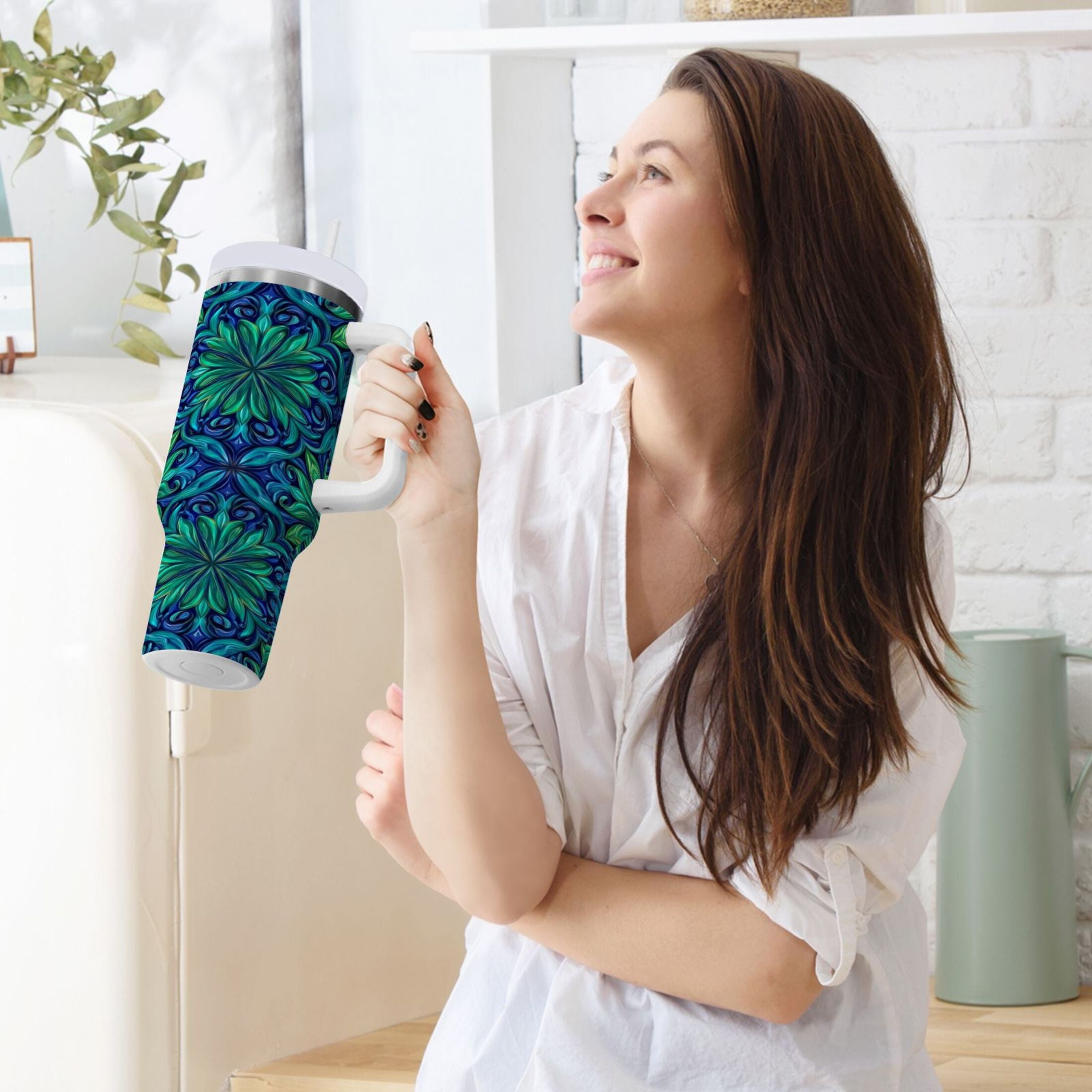 40 oz Insulated Stainless Steel Tumbler Double Wall Stainless Steel Tumbler with 2-Way Drinking Elegant Blue Traditional Patterns C603Q