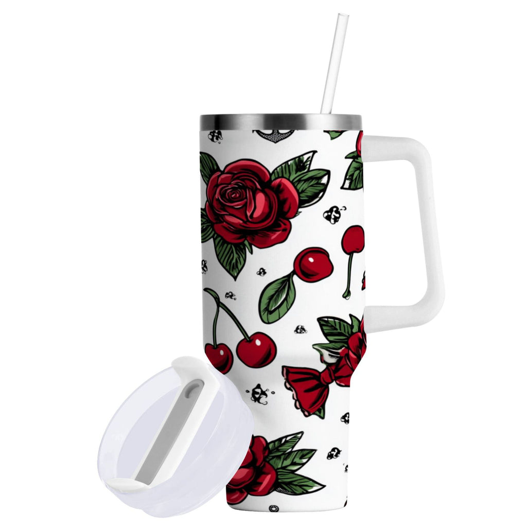 40 oz Insulated Stainless Steel Tumbler Double Wall Stainless Steel Tumbler with 2-Way Drinking Red Roses and Cherries C599Z