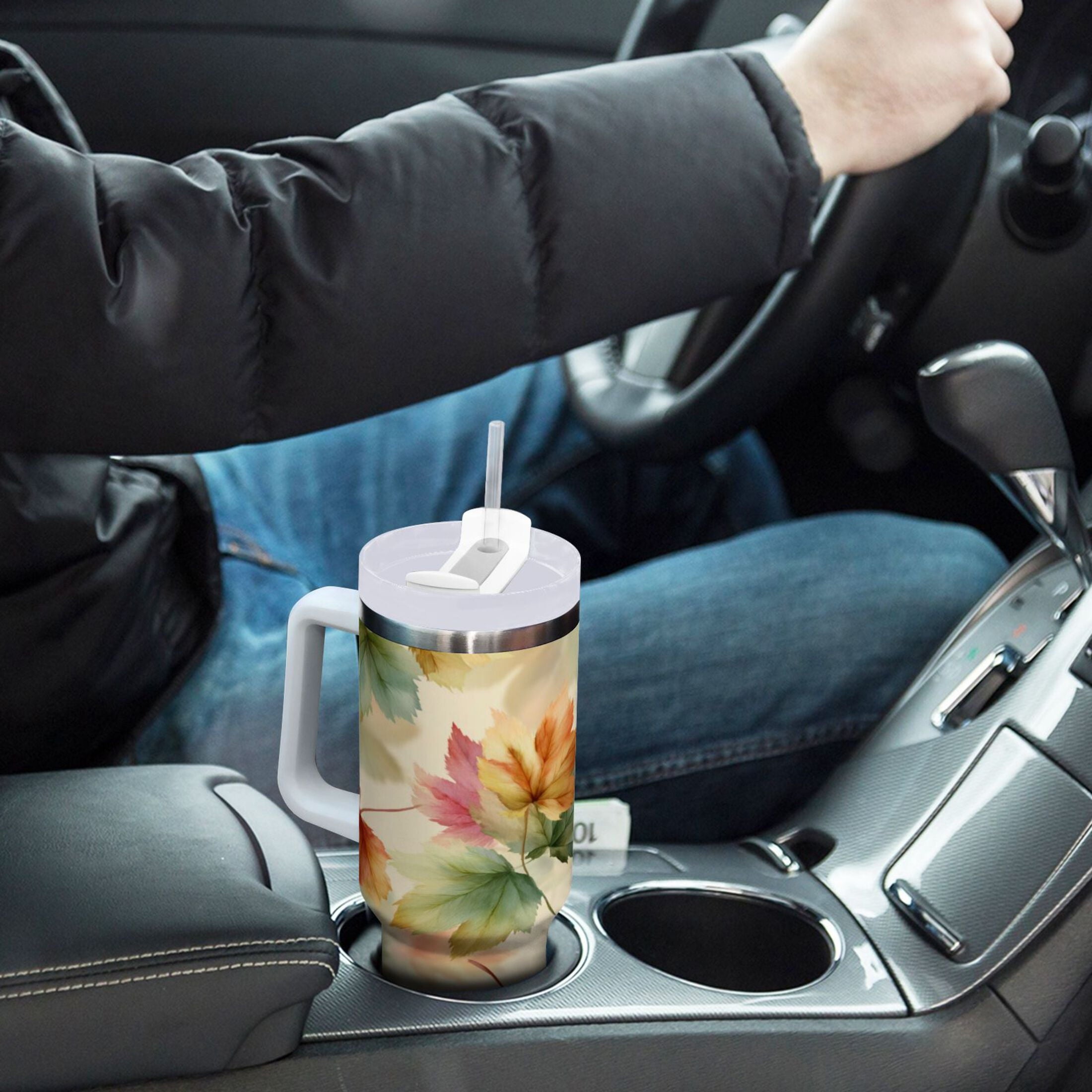 40 oz Insulated Stainless Steel Tumbler Double Wall Stainless Steel Tumbler with 2-Way Drinking Watercolor Maple Leaves Pattern C513H