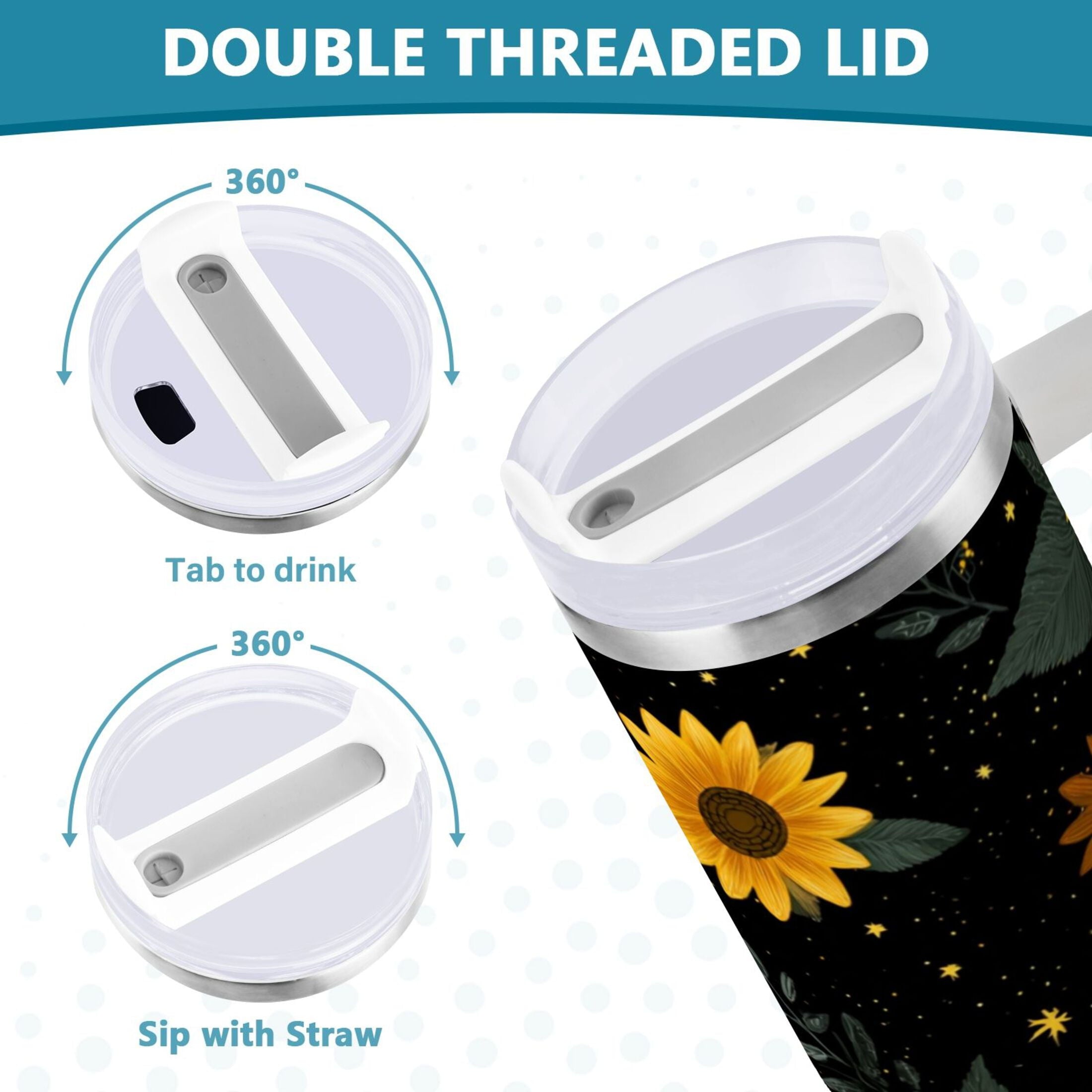 30 oz Insulated Stainless Steel Tumbler Double Wall Stainless Steel Tumbler with 2-Way Drinking Yellow Sunflower Pattern C532R